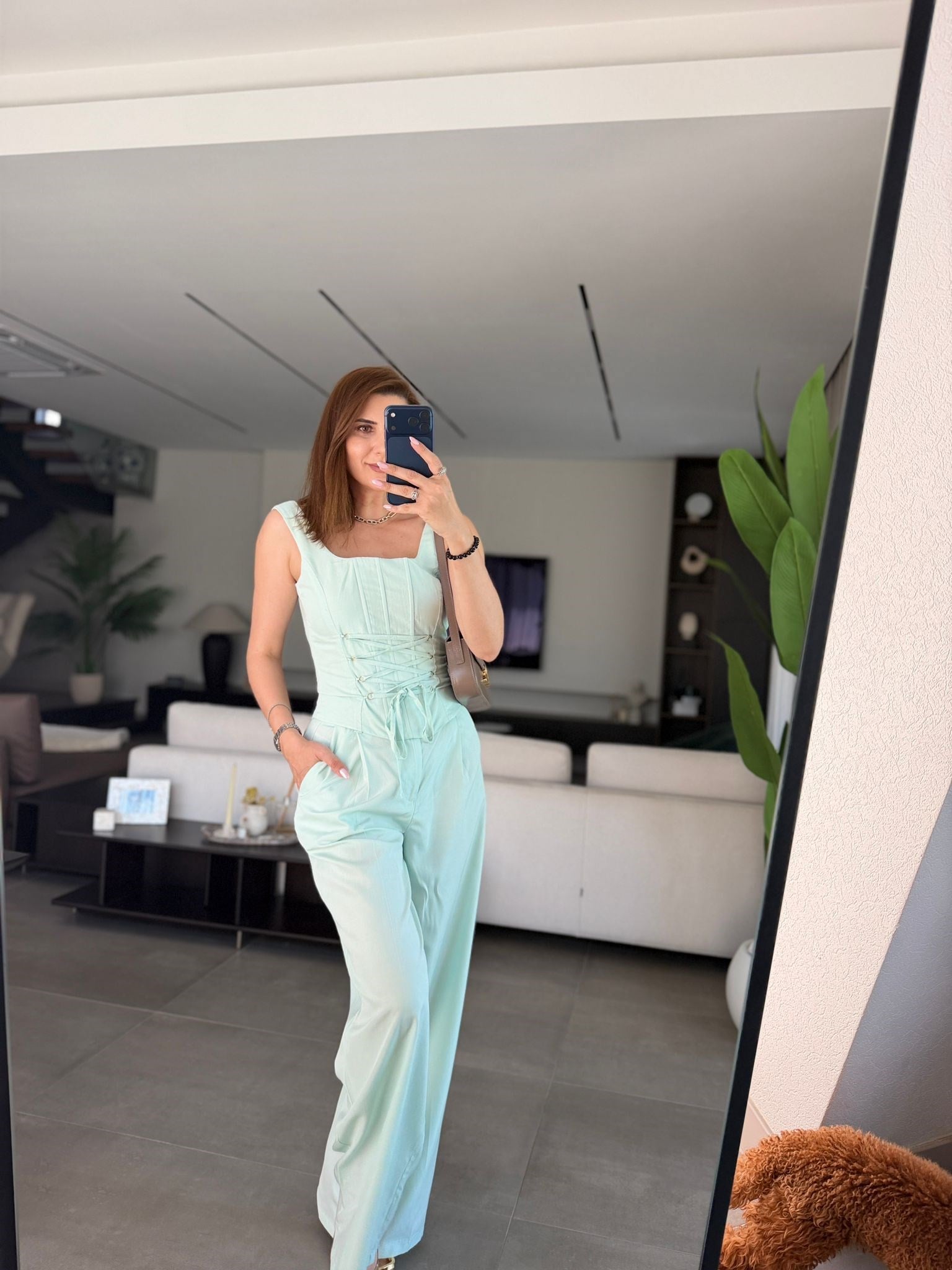 Mint Yeşili Üst Bağlama Detaylı Cepli Pantolon Yaz Takım