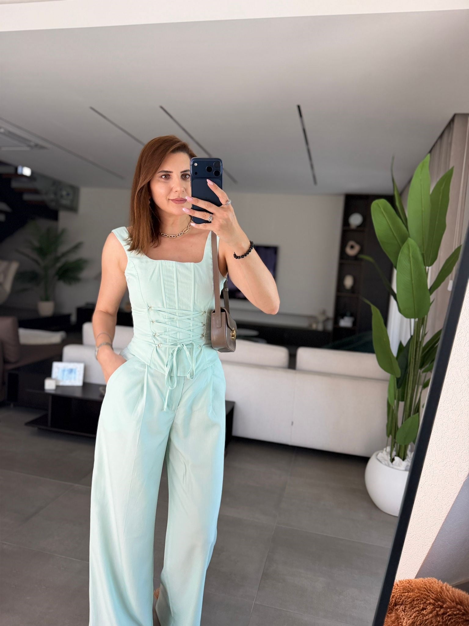 Mint Yeşili Üst Bağlama Detaylı Cepli Pantolon Yaz Takım