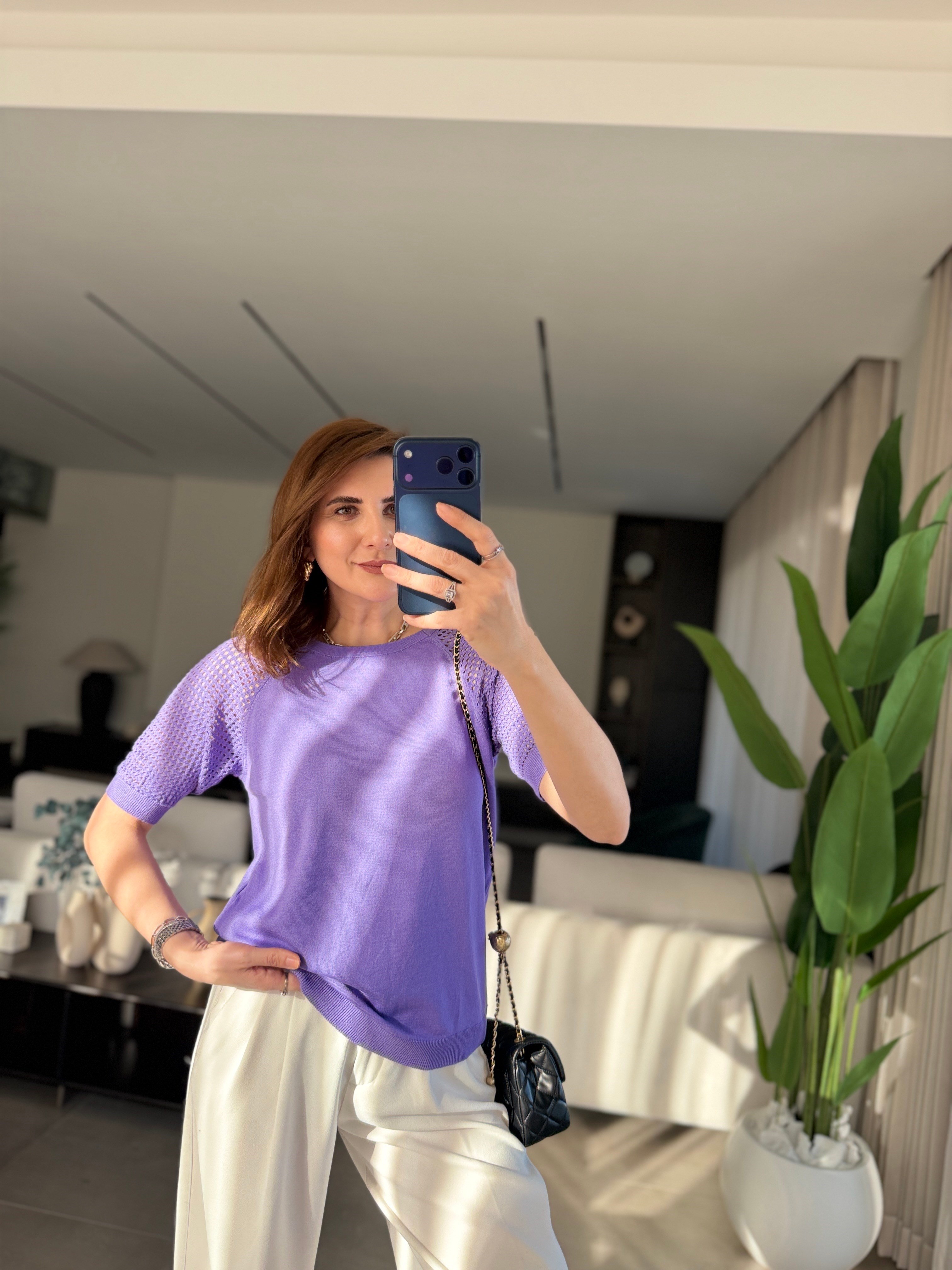 Mor Ajurlu Kısa Kol Bluz