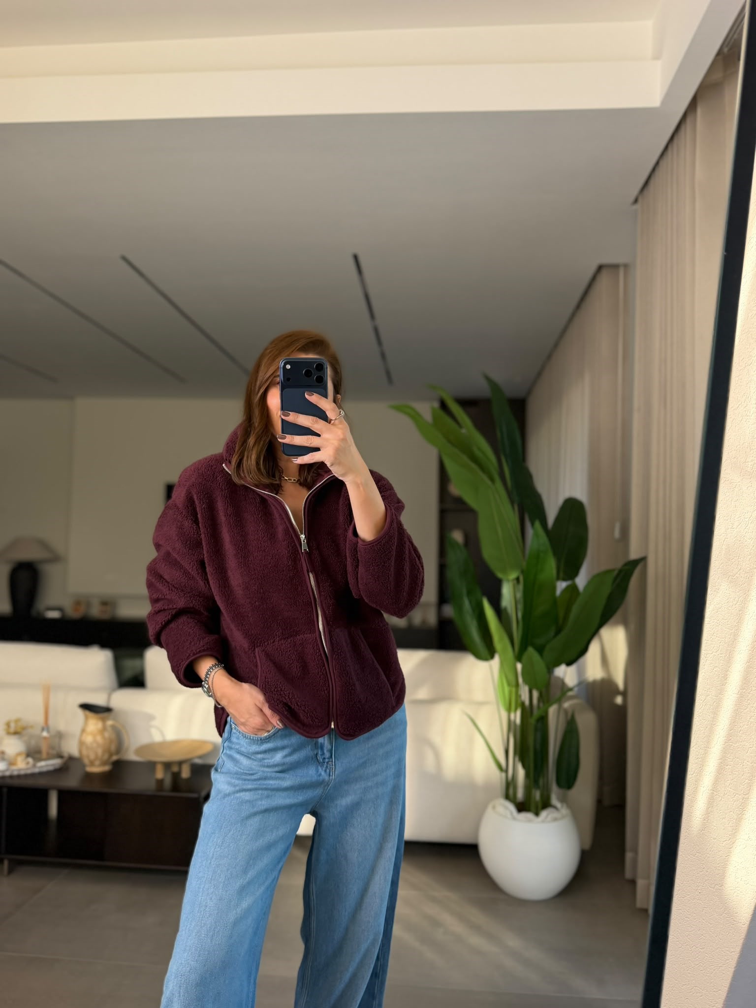 Mürdüm Kanguru Cep Peluş Ceket