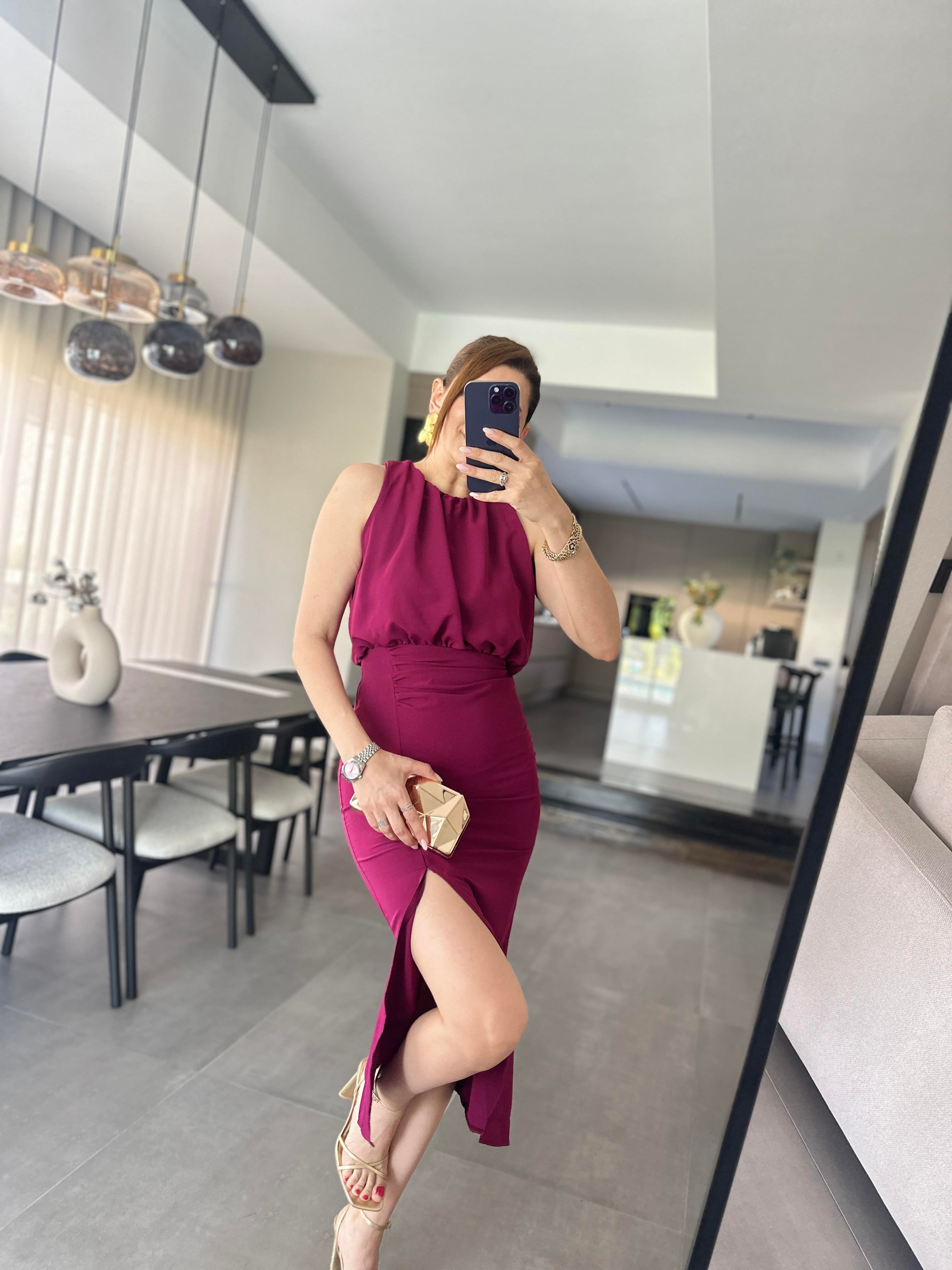 Mürdüm Linda Yırtmaçlı Elbise