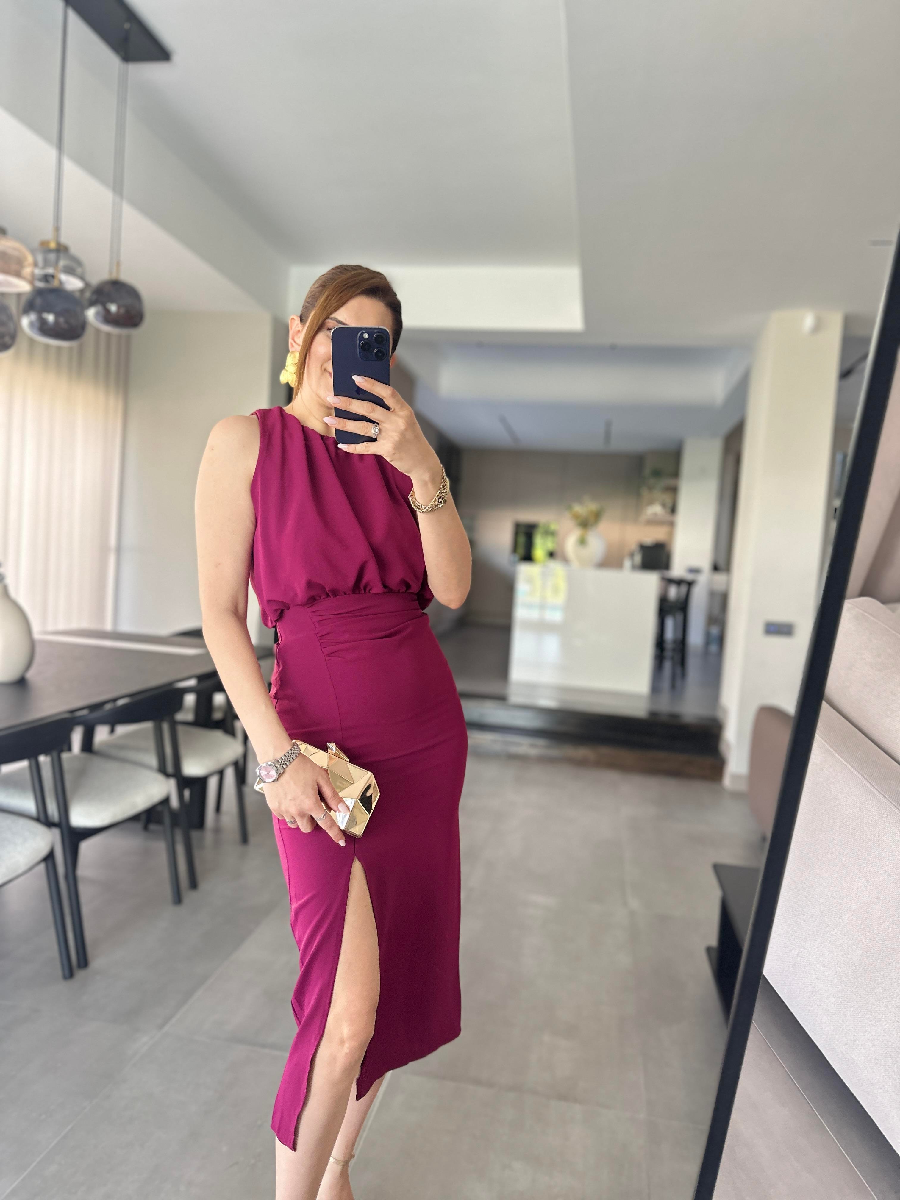 Mürdüm Linda Yırtmaçlı Elbise