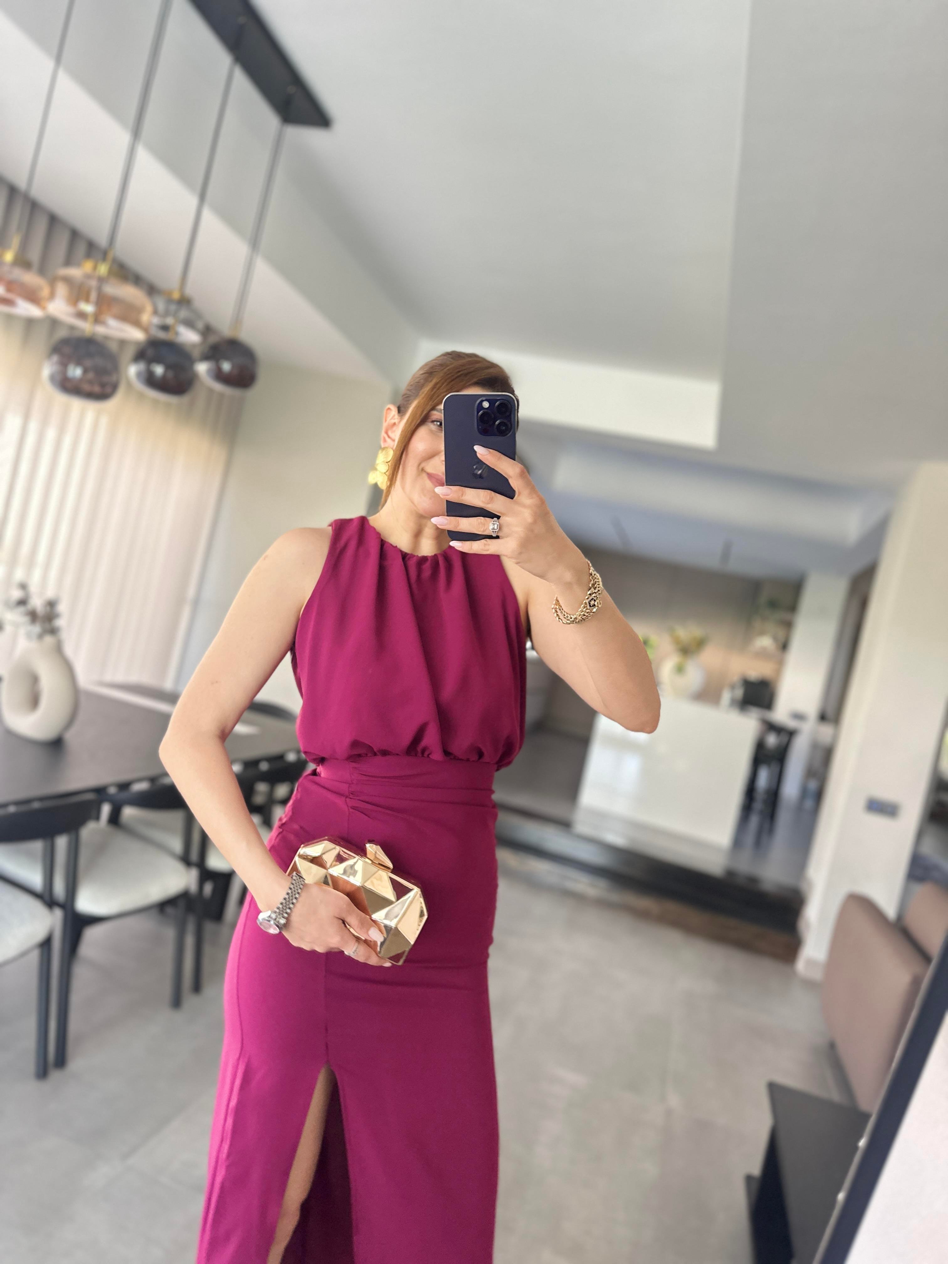 Mürdüm Linda Yırtmaçlı Elbise