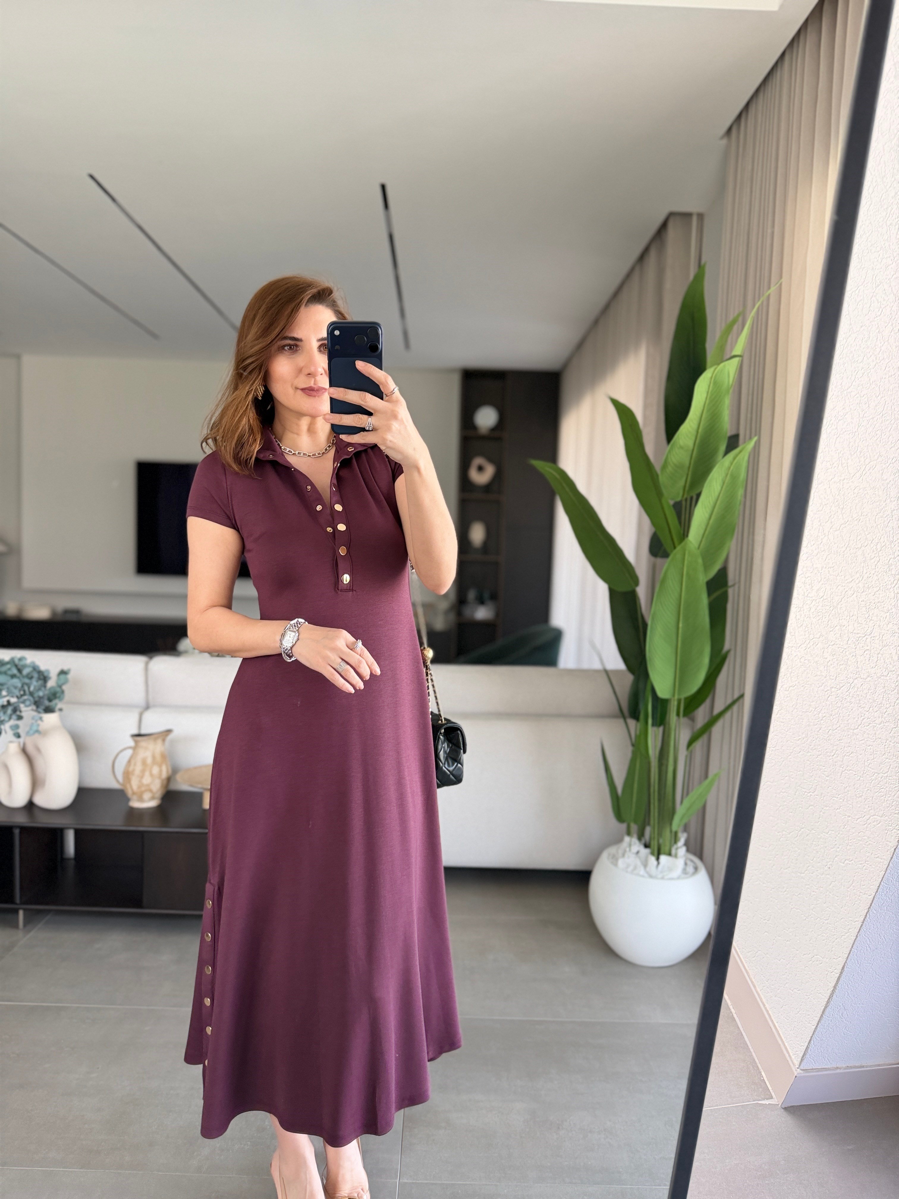 Mürdüm Modal Çıtçıt Detaylı Elbise