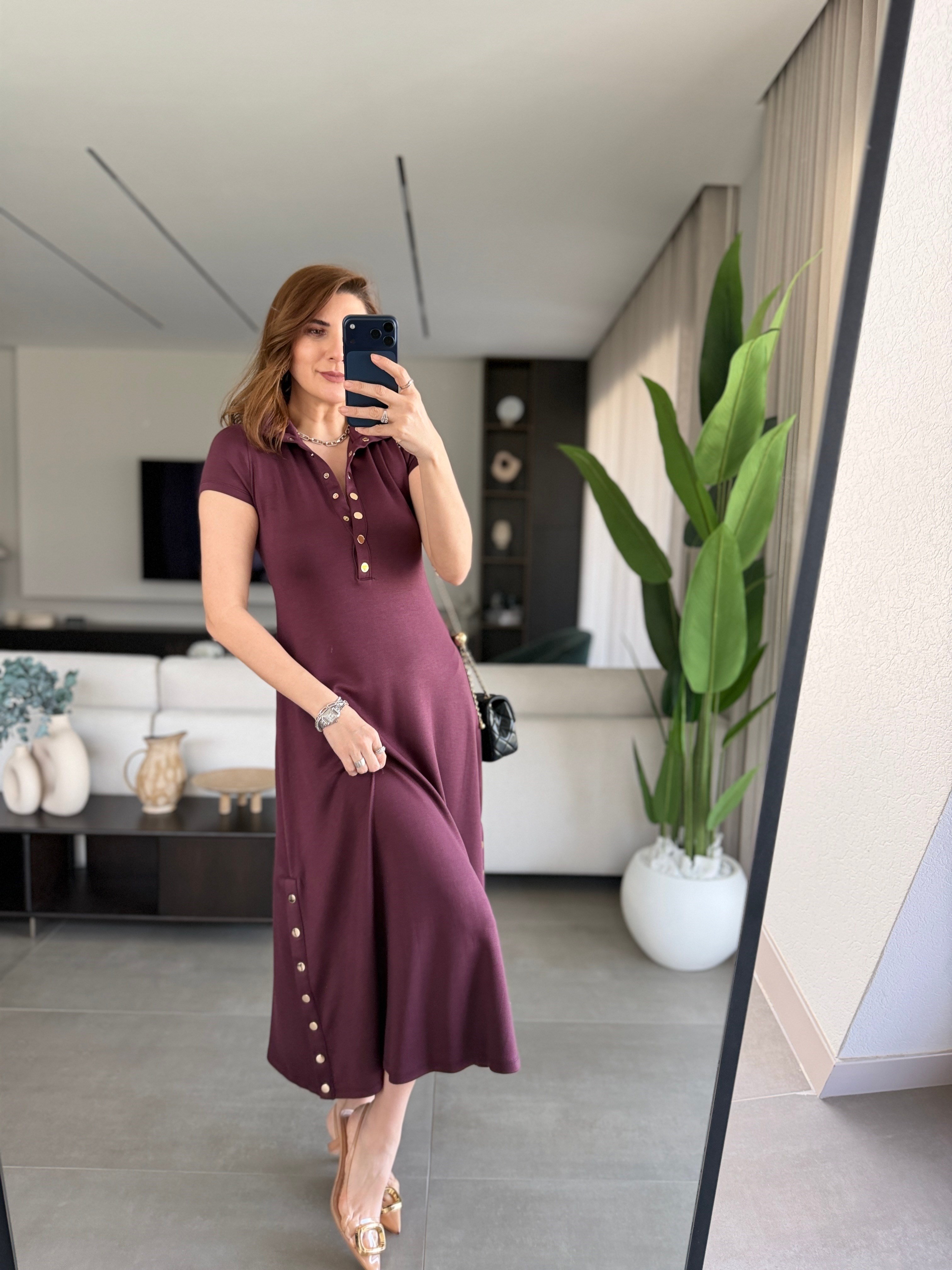 Mürdüm Modal Çıtçıt Detaylı Elbise
