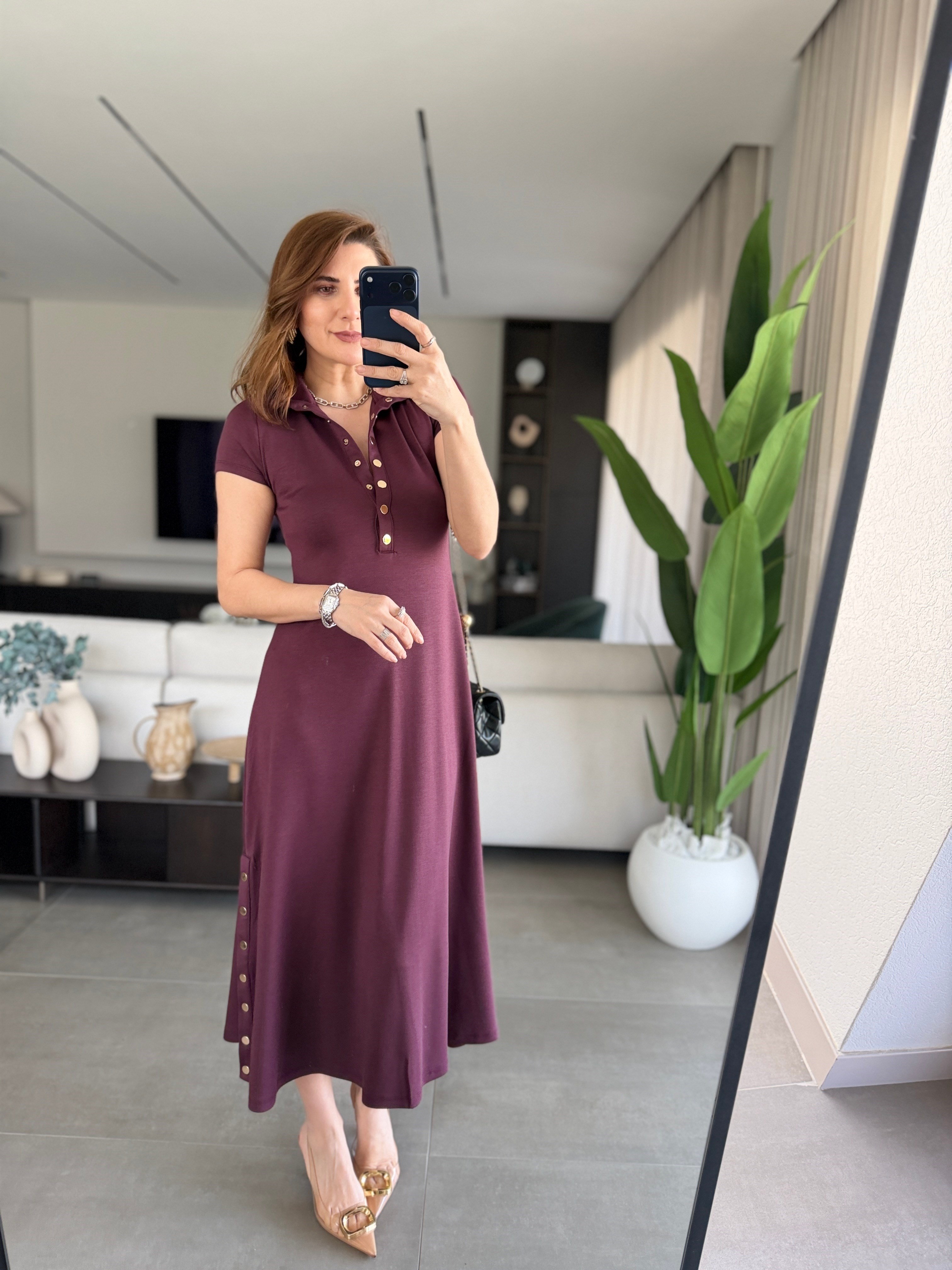 Mürdüm Modal Çıtçıt Detaylı Elbise