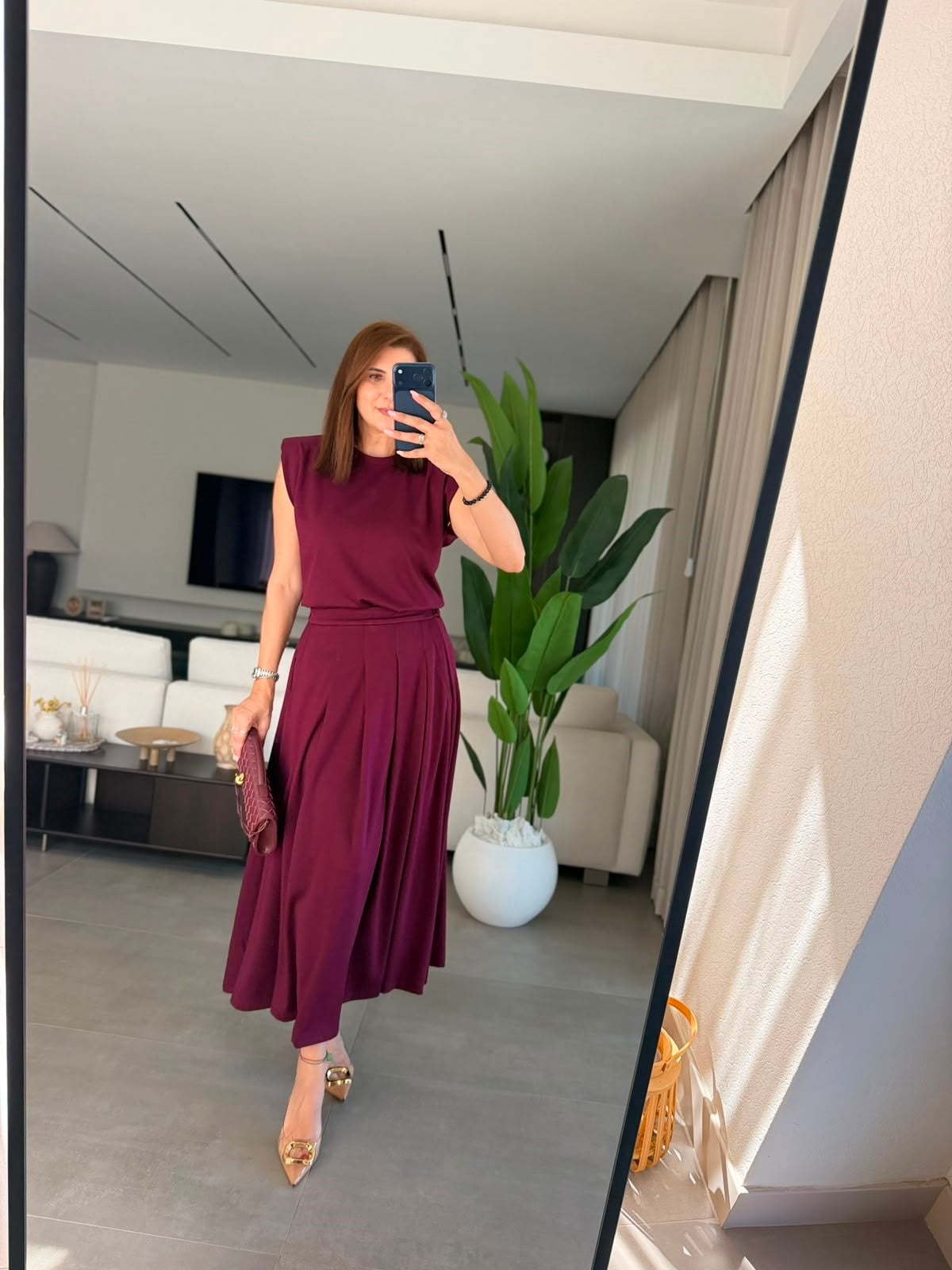 Mürdüm Modal Etekli Vatkalı Bluz Takım