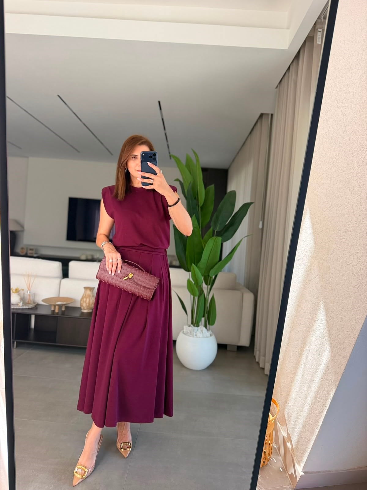 Mürdüm Modal Etekli Vatkalı Bluz Takım