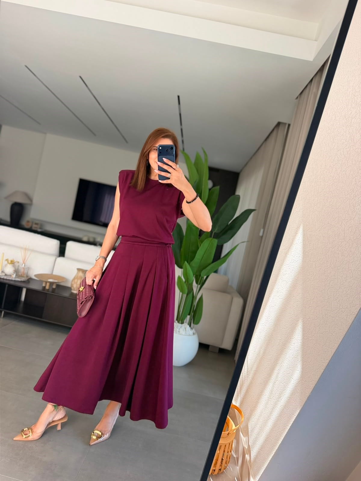 Mürdüm Modal Etekli Vatkalı Bluz Takım