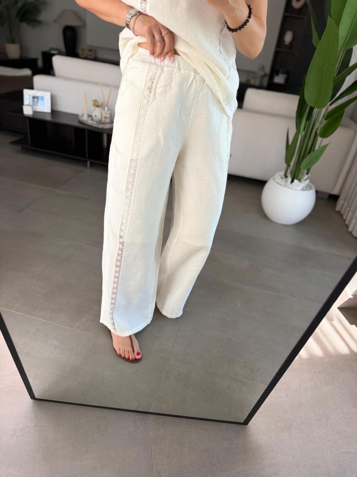 Nakış Şeritli Keten Pantolon Takım