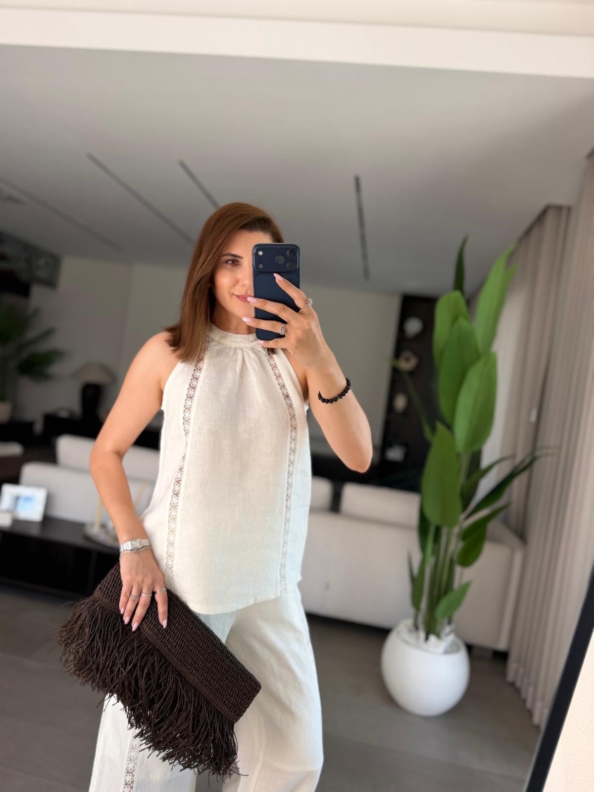 Nakış Şeritli Keten Pantolon Takım