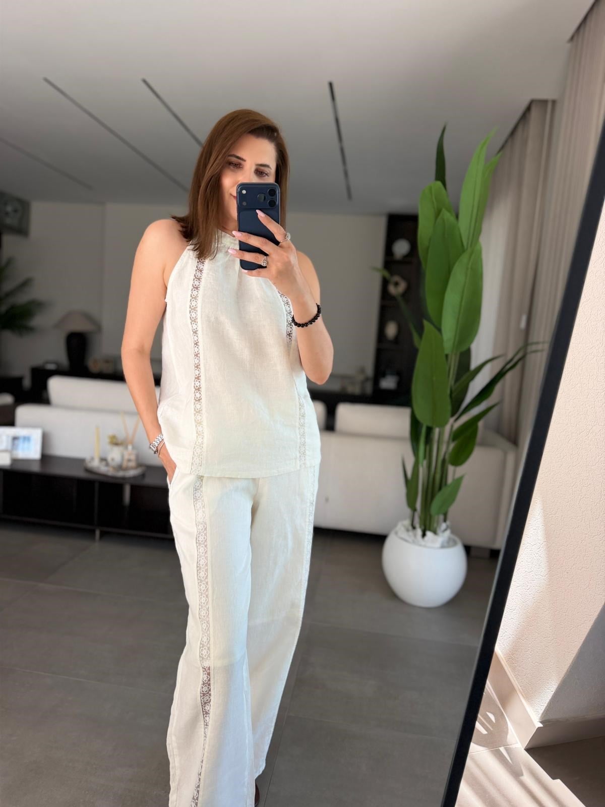 Nakış Şeritli Keten Pantolon Takım