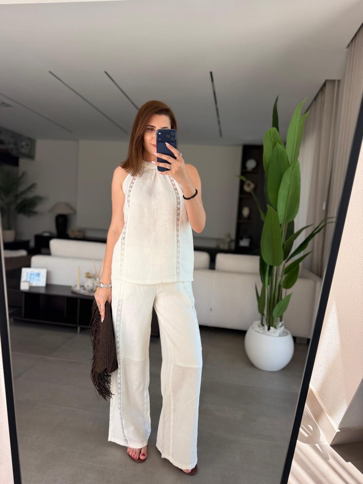 Nakış Şeritli Keten Pantolon Takım