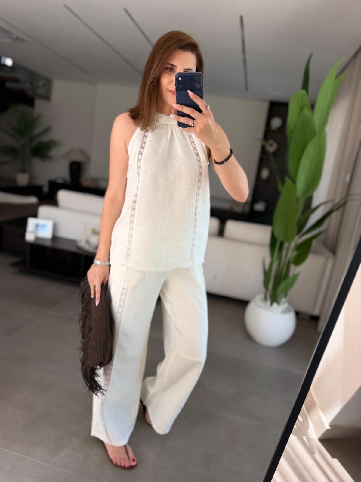 Nakış Şeritli Keten Pantolon Takım