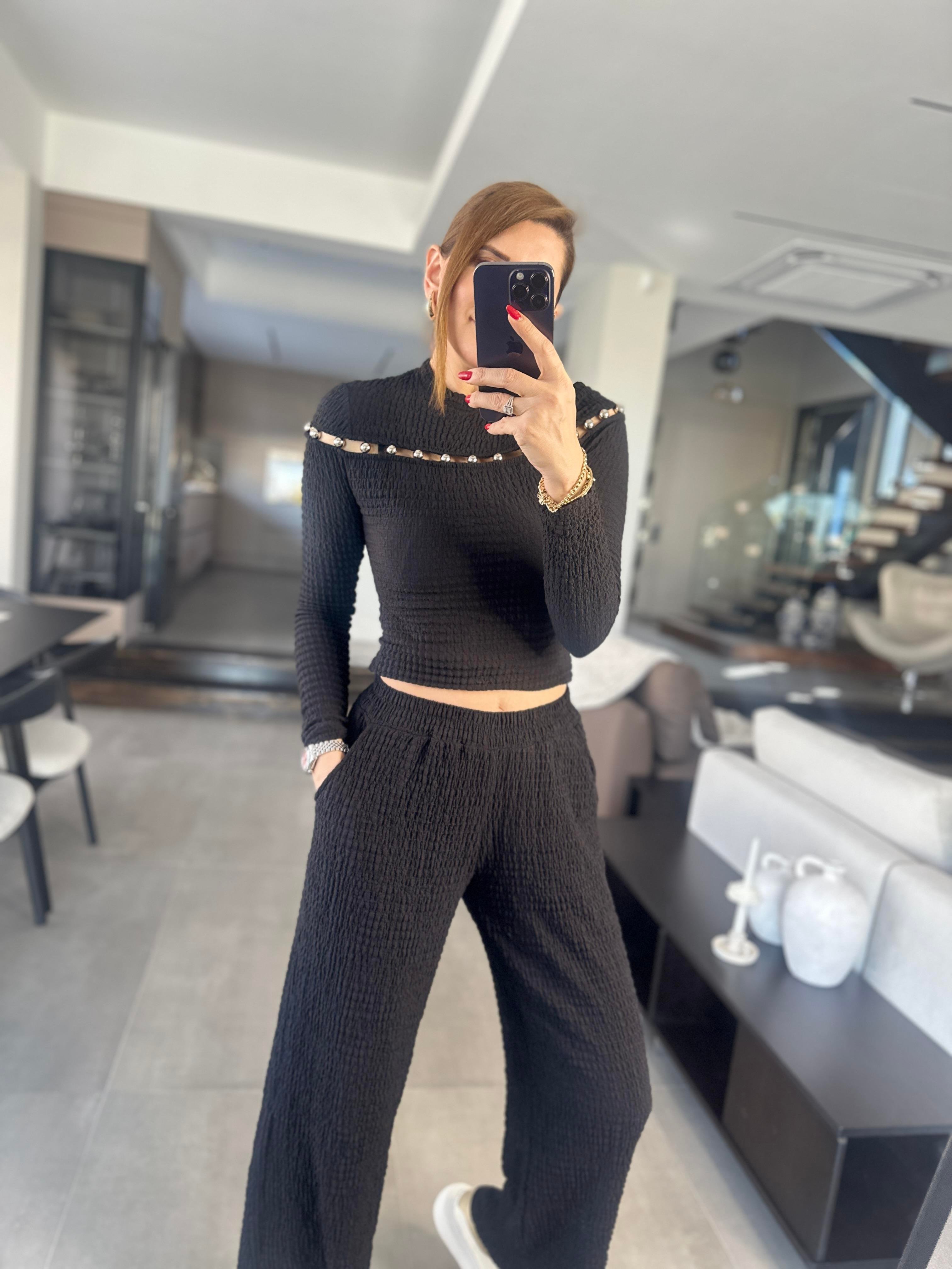 Önü Boncuk İşlemeli Kraşlı Pantolon Takım