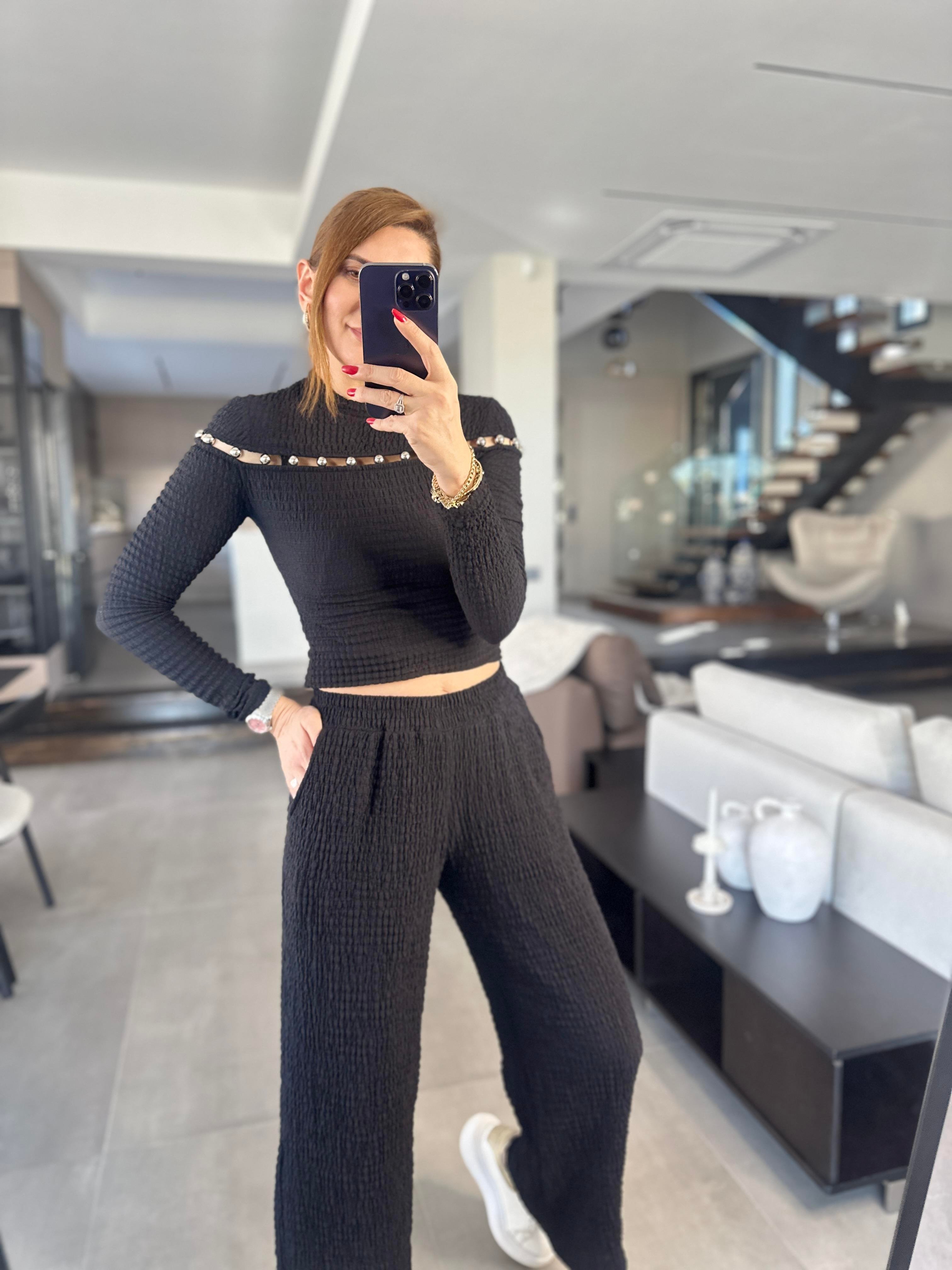 Önü Boncuk İşlemeli Kraşlı Pantolon Takım