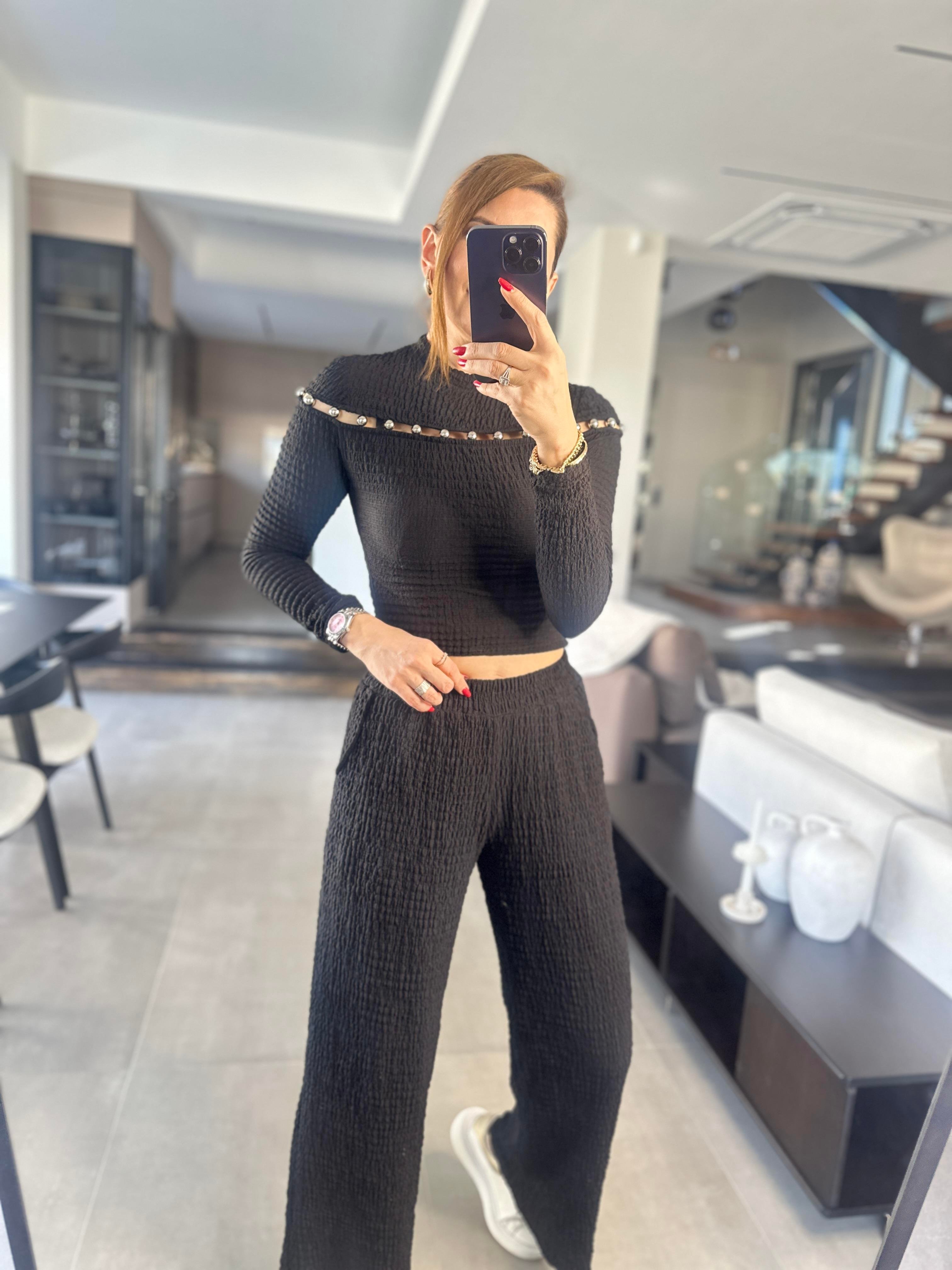 Önü Boncuk İşlemeli Kraşlı Pantolon Takım