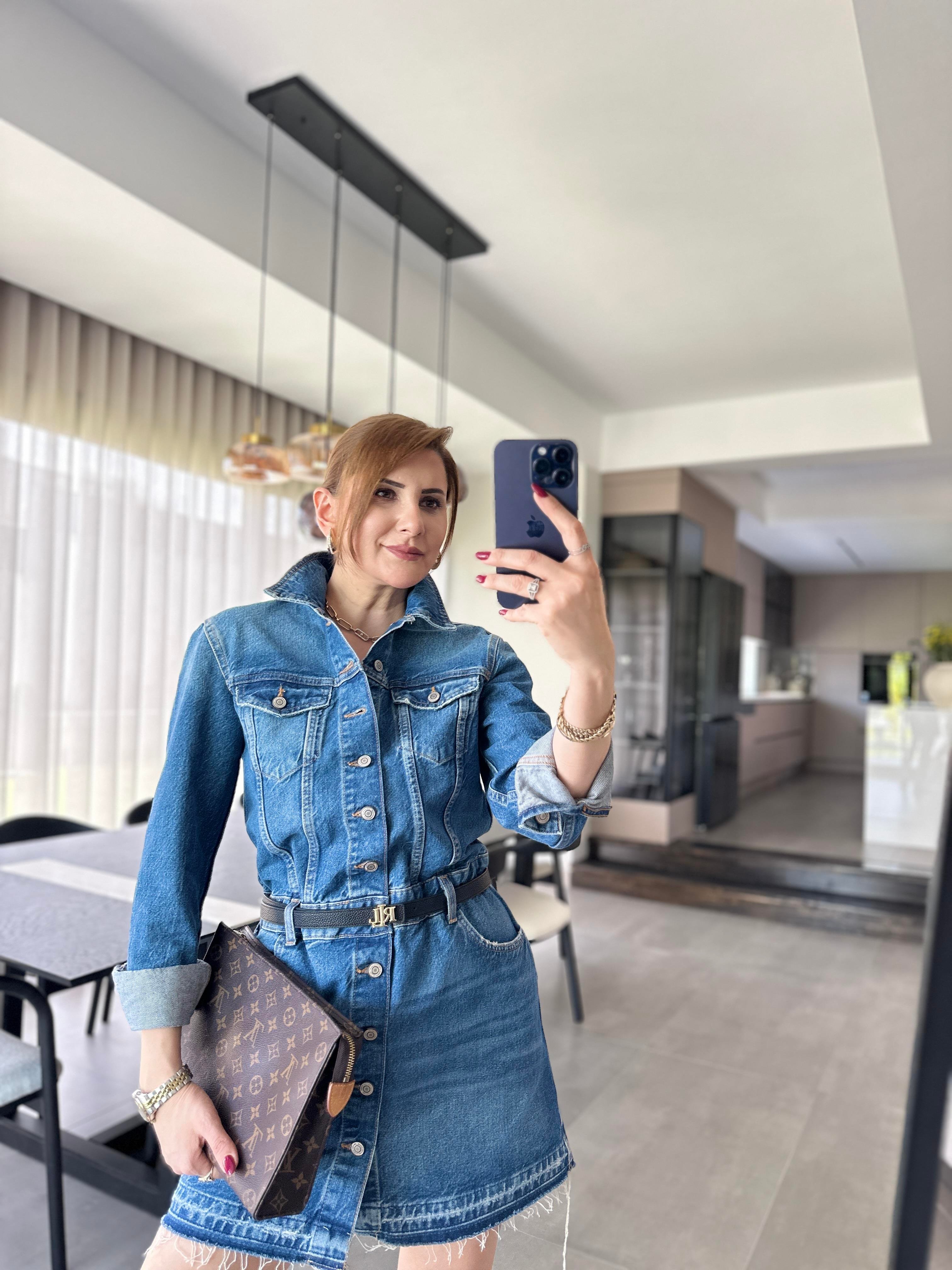 Önü Düğmeli Uzun Kollu Denim Elbise