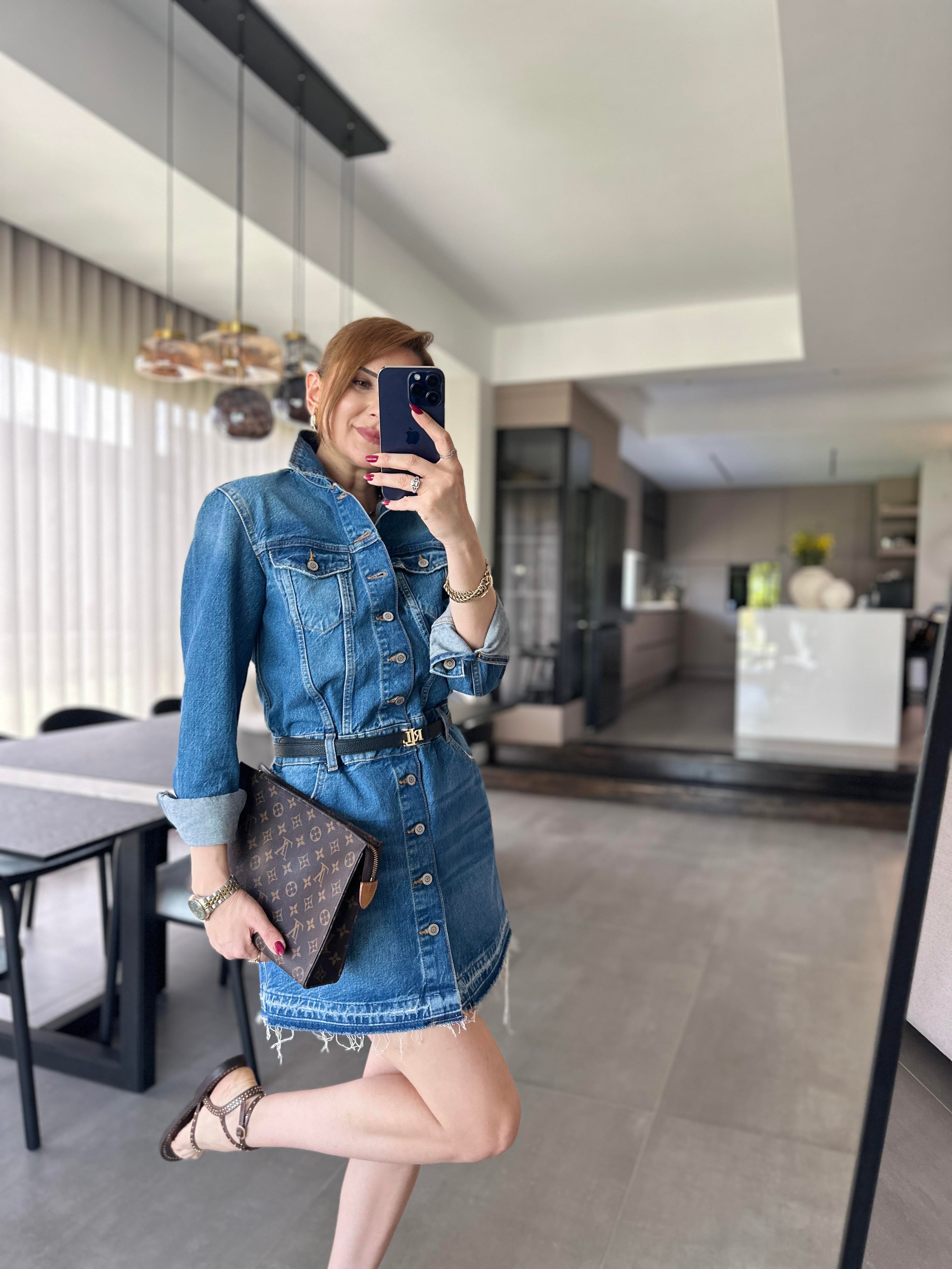 Önü Düğmeli Uzun Kollu Denim Elbise