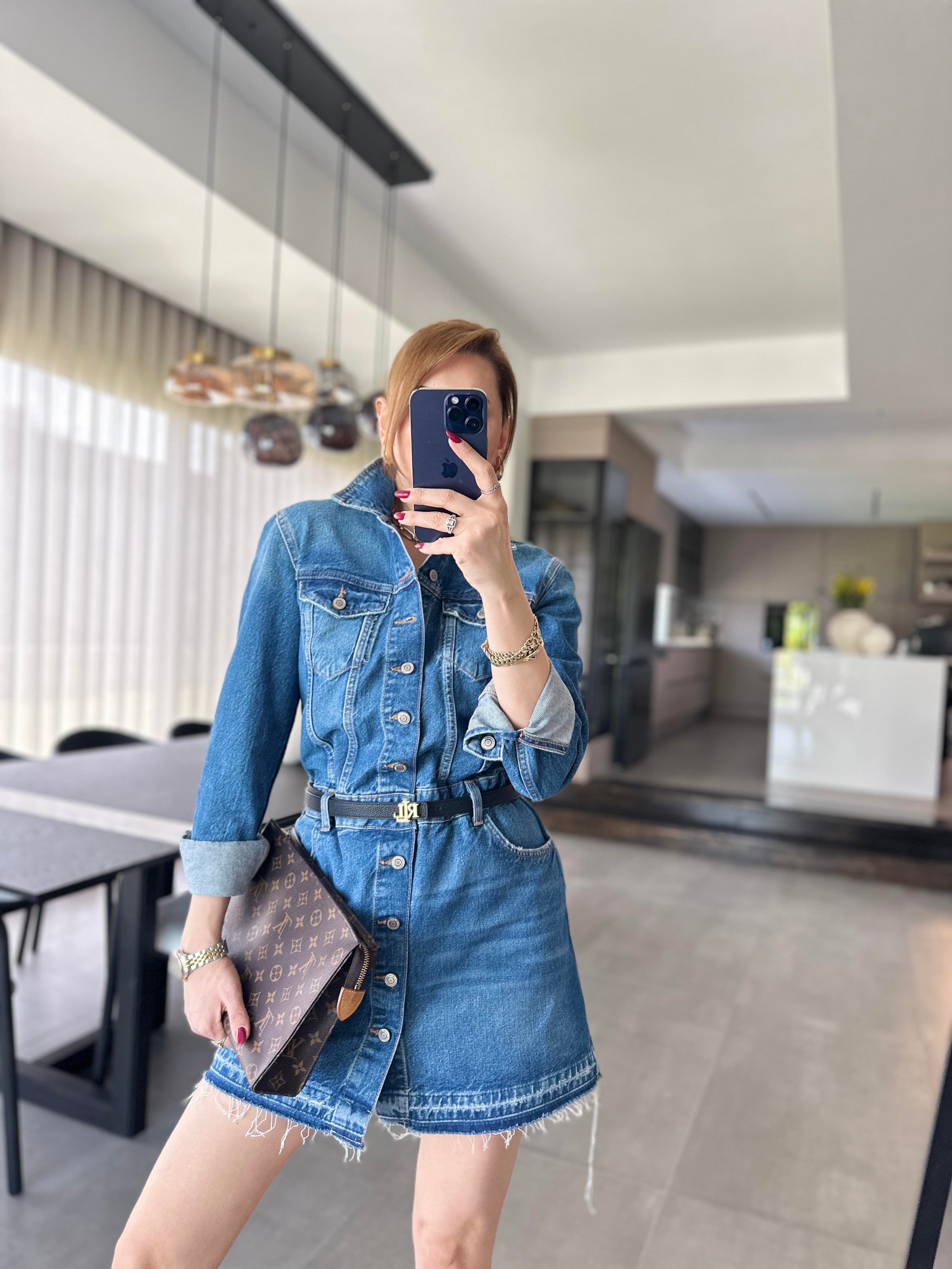 Önü Düğmeli Uzun Kollu Denim Elbise