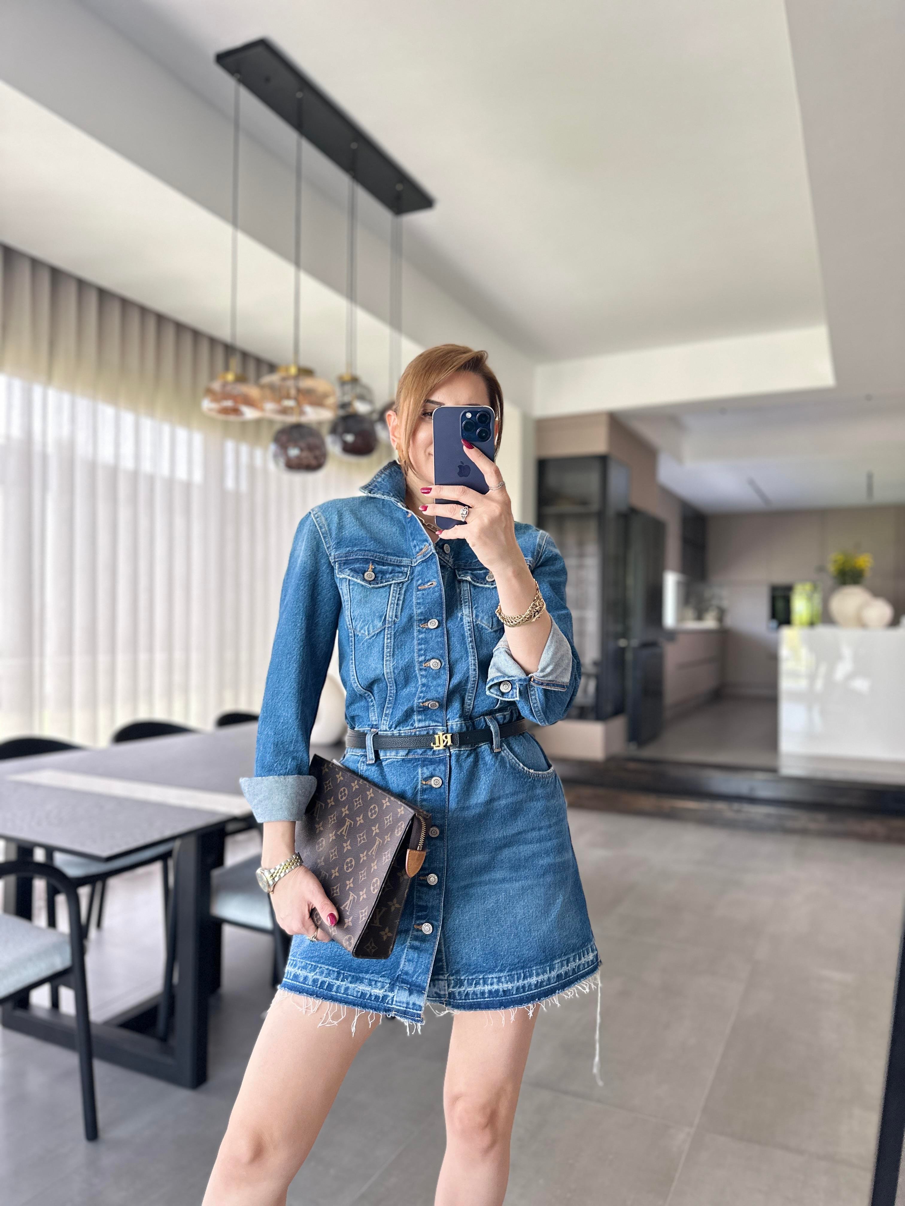 Önü Düğmeli Uzun Kollu Denim Elbise
