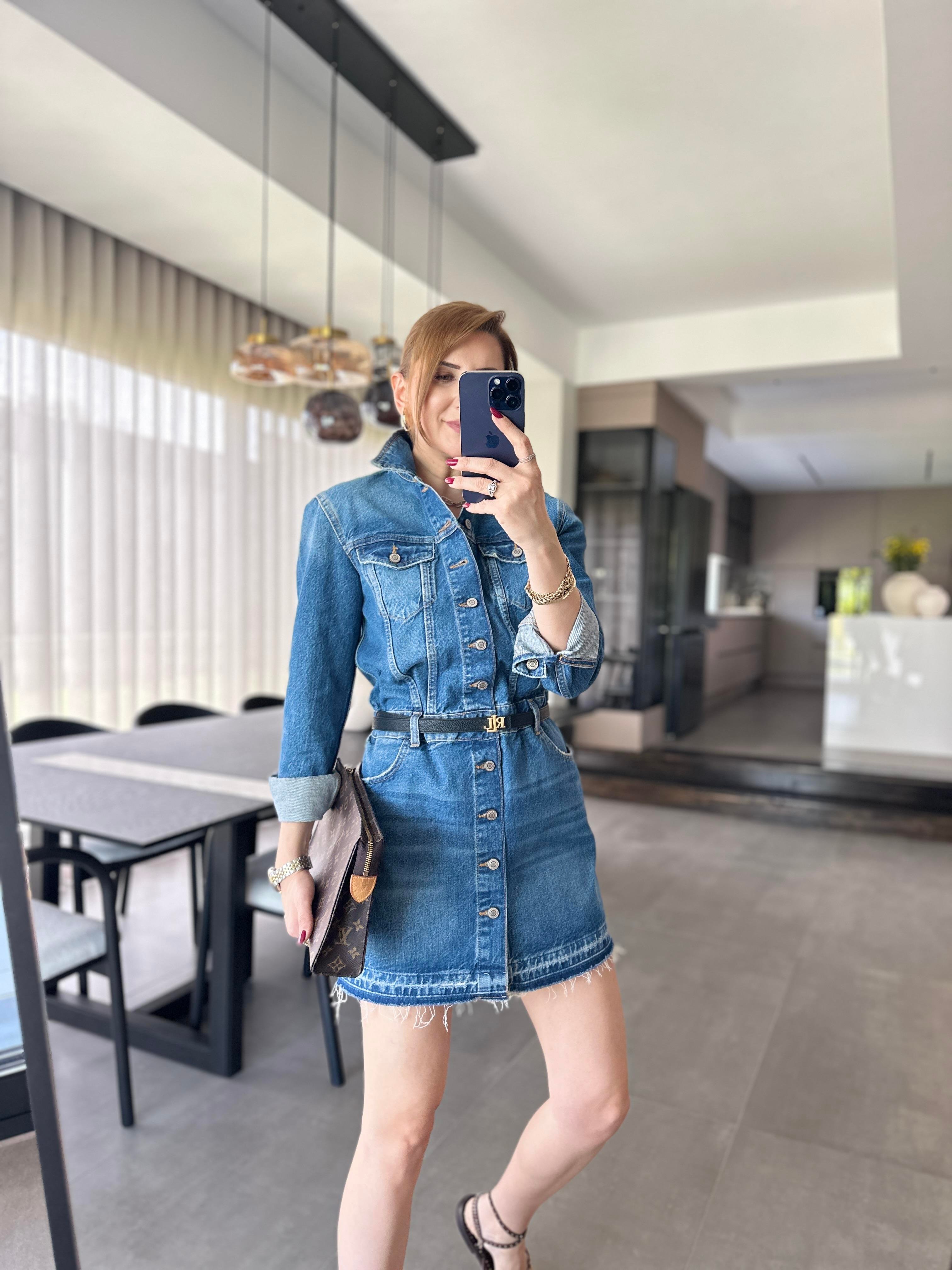 Önü Düğmeli Uzun Kollu Denim Elbise