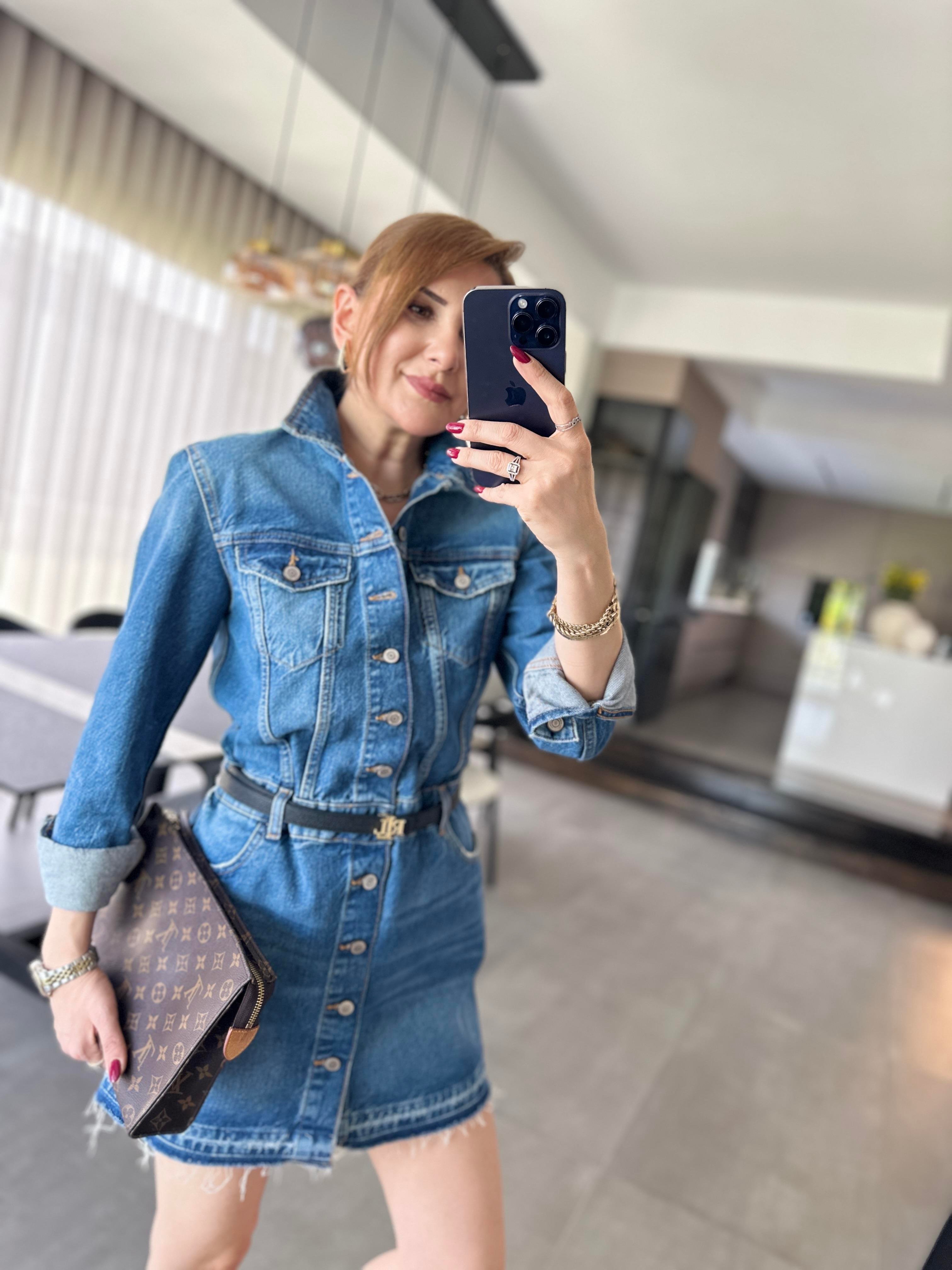 Önü Düğmeli Uzun Kollu Denim Elbise
