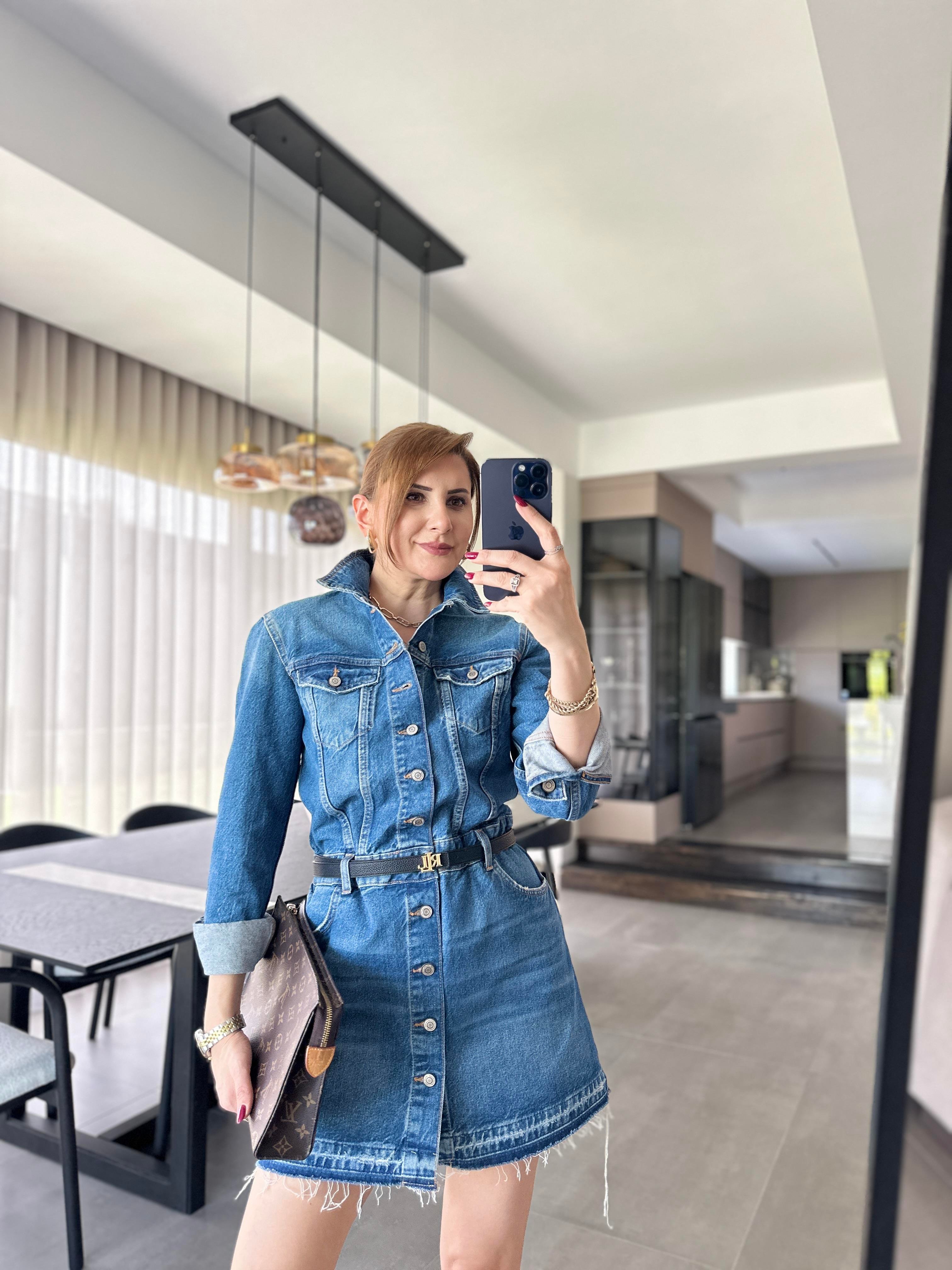 Önü Düğmeli Uzun Kollu Denim Elbise