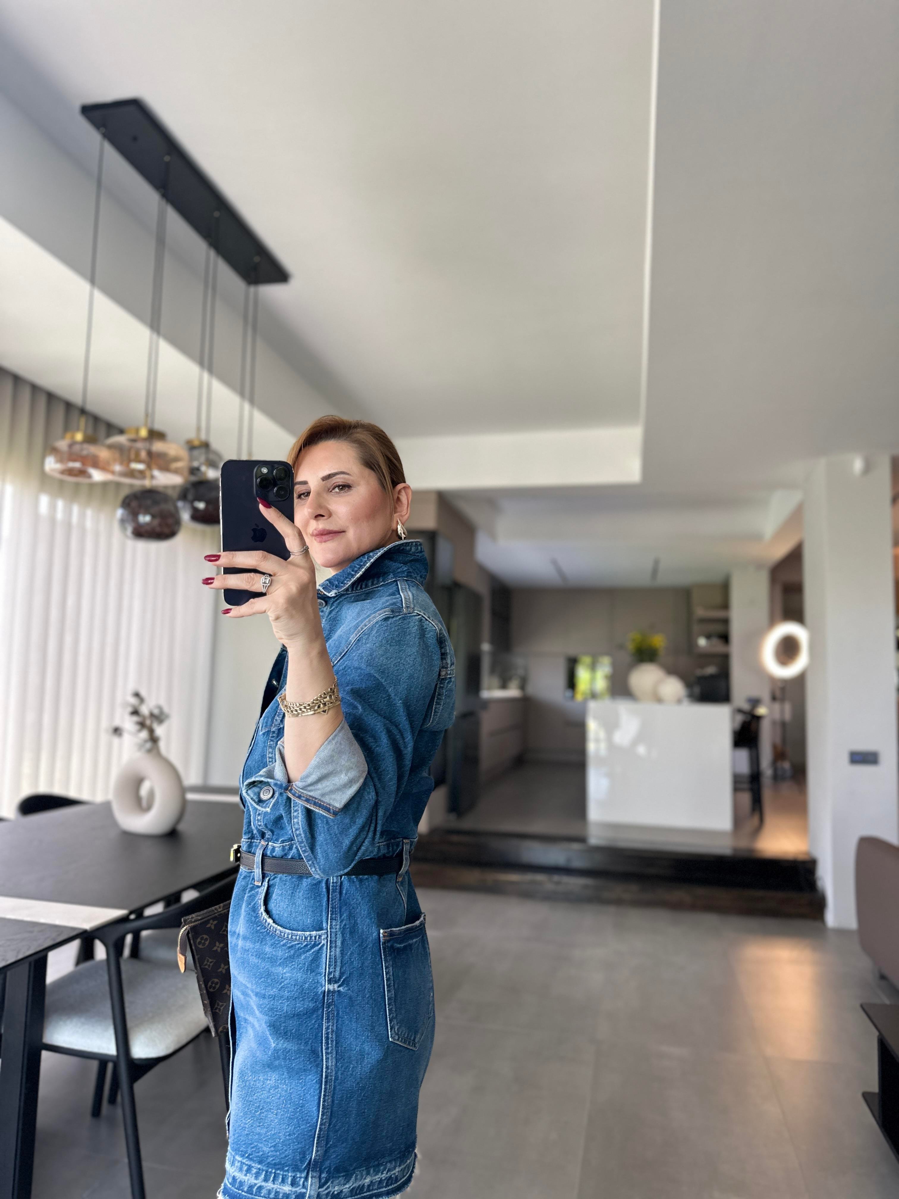 Önü Düğmeli Uzun Kollu Denim Elbise