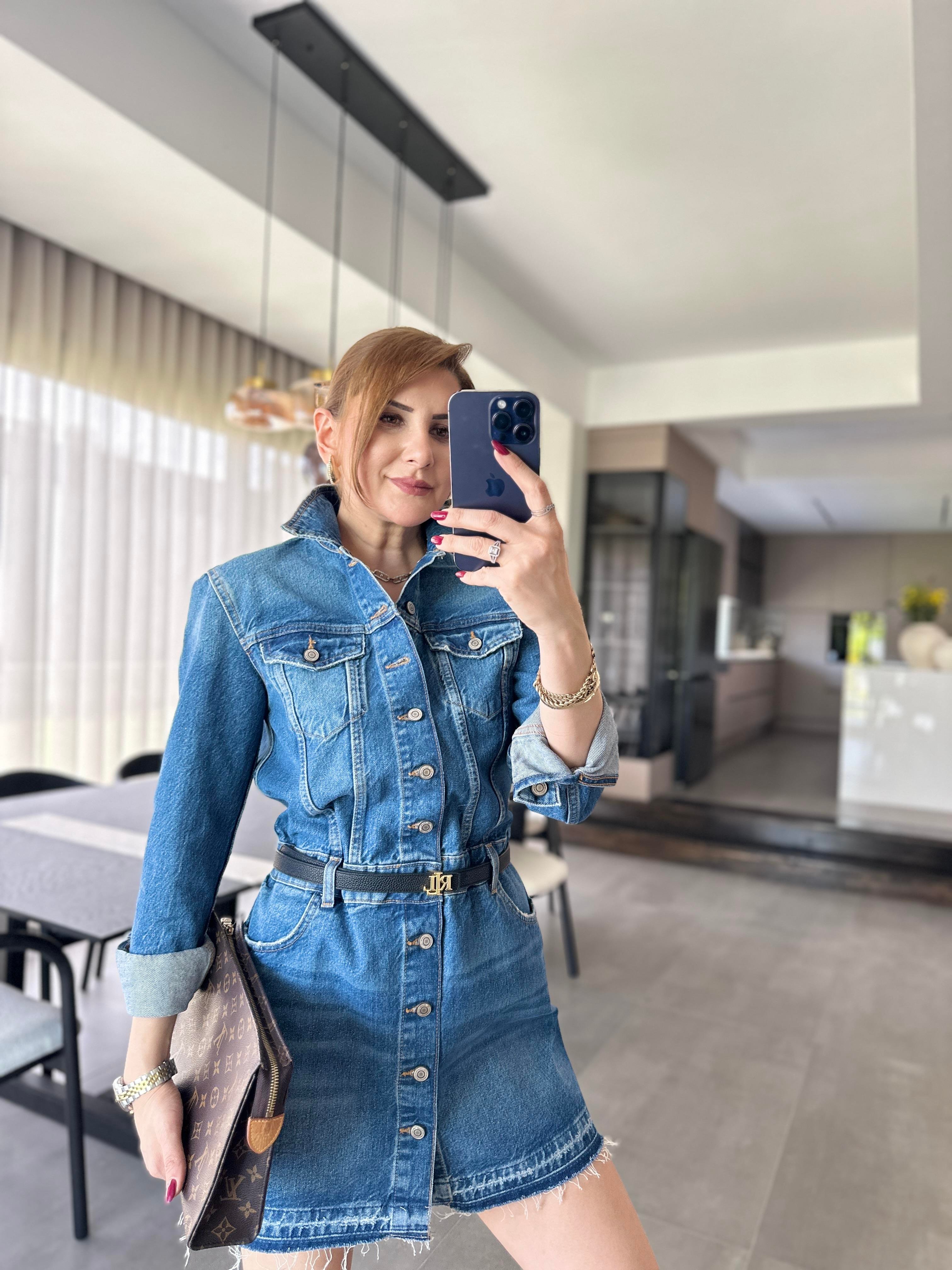 Önü Düğmeli Uzun Kollu Denim Elbise