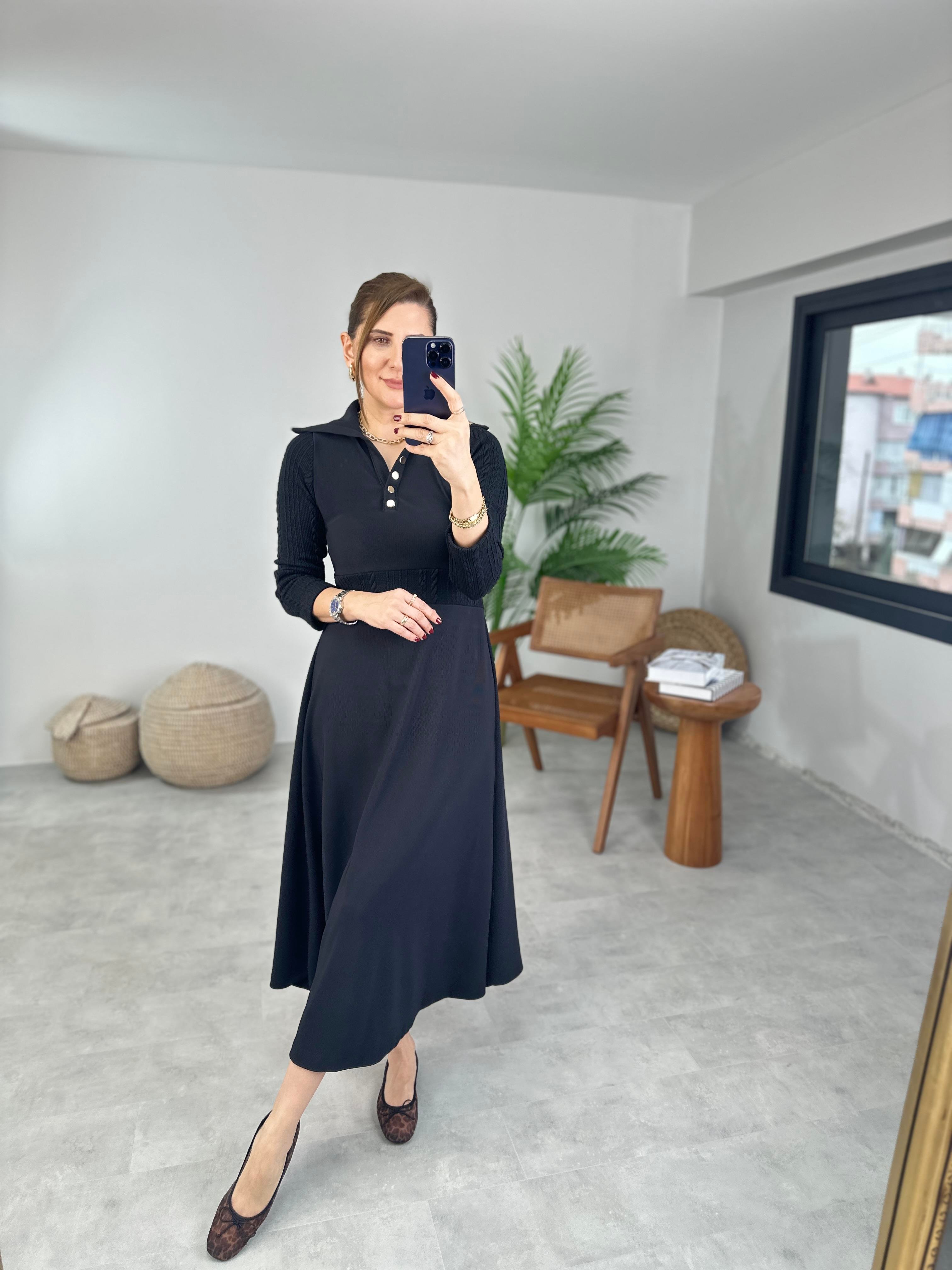 Örgü Detaylı Yaka Çıtçıtlı Elbise
