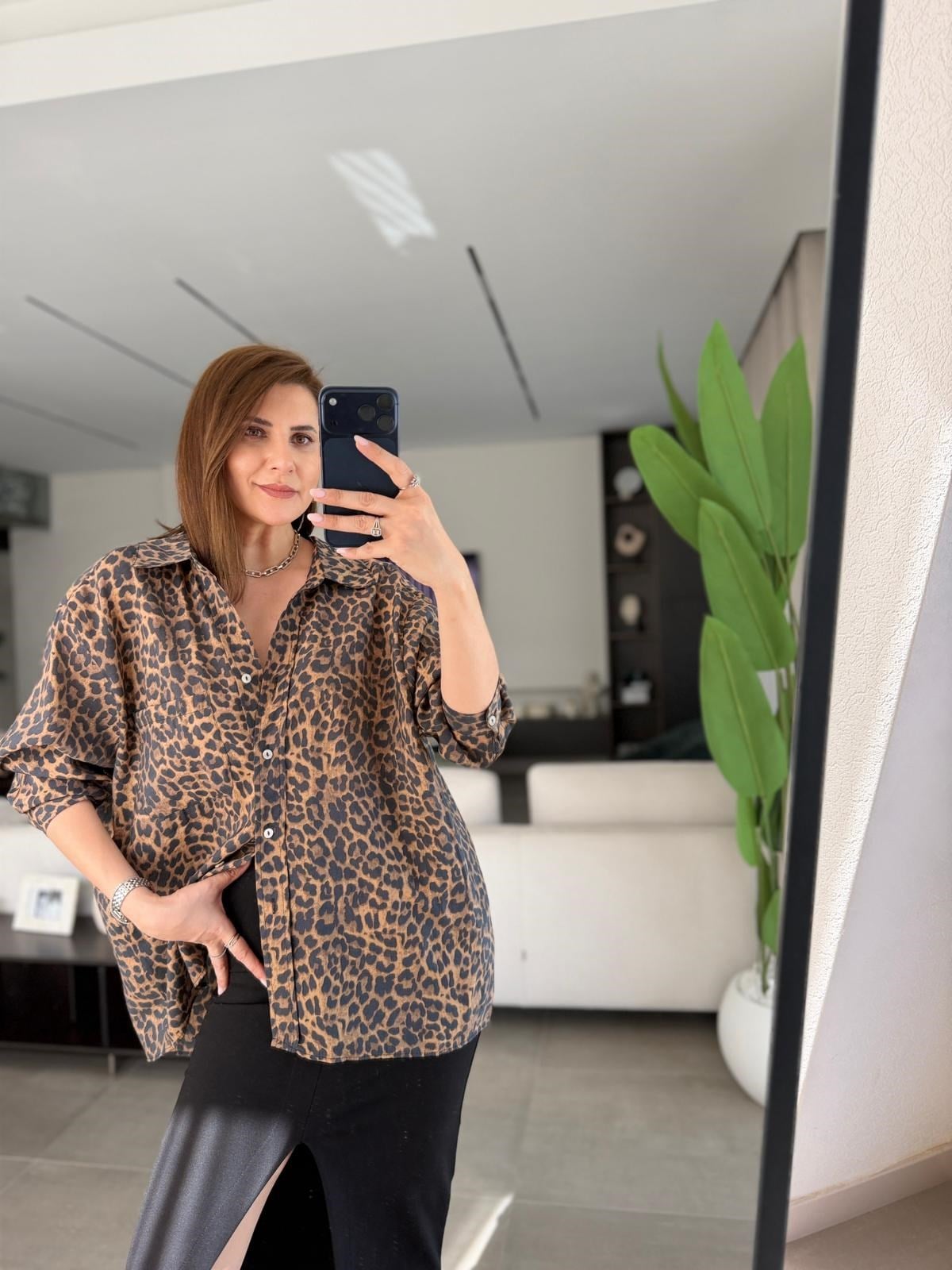 Oversize Cep Detaylı Leopar Gömlek