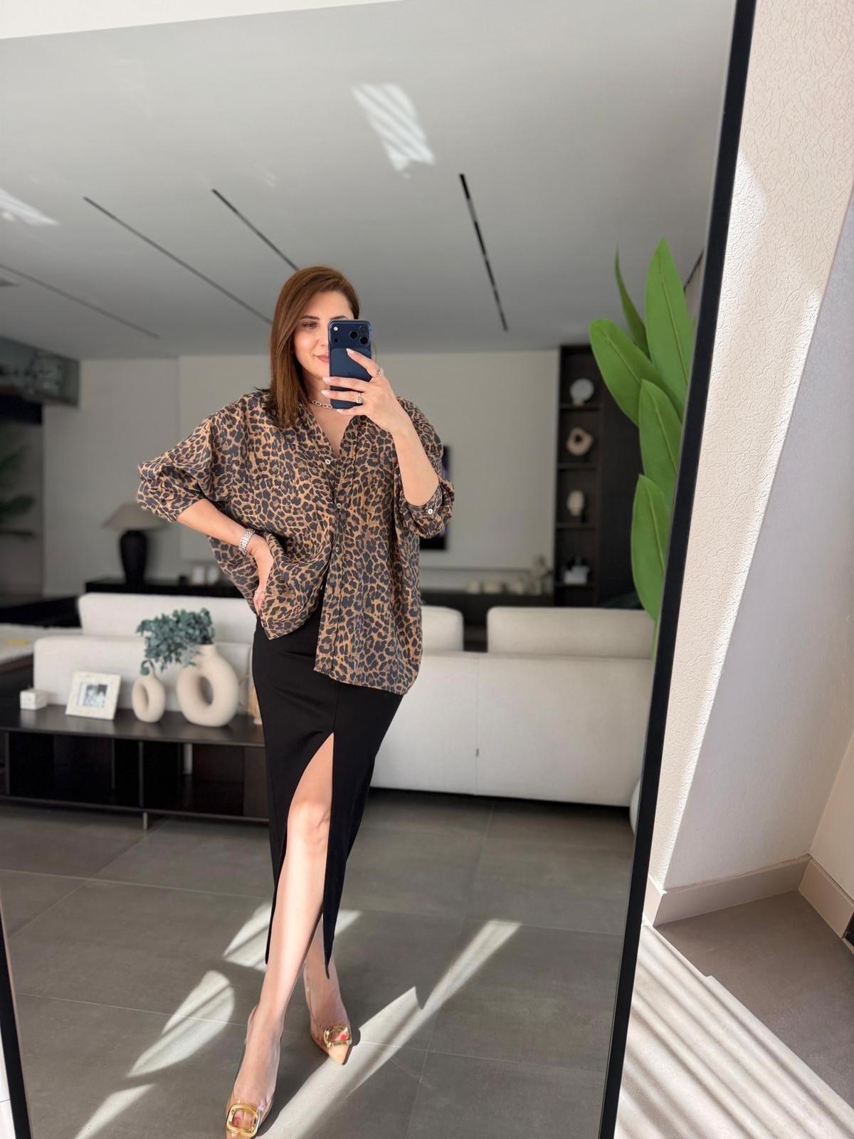 Oversize Cep Detaylı Leopar Gömlek