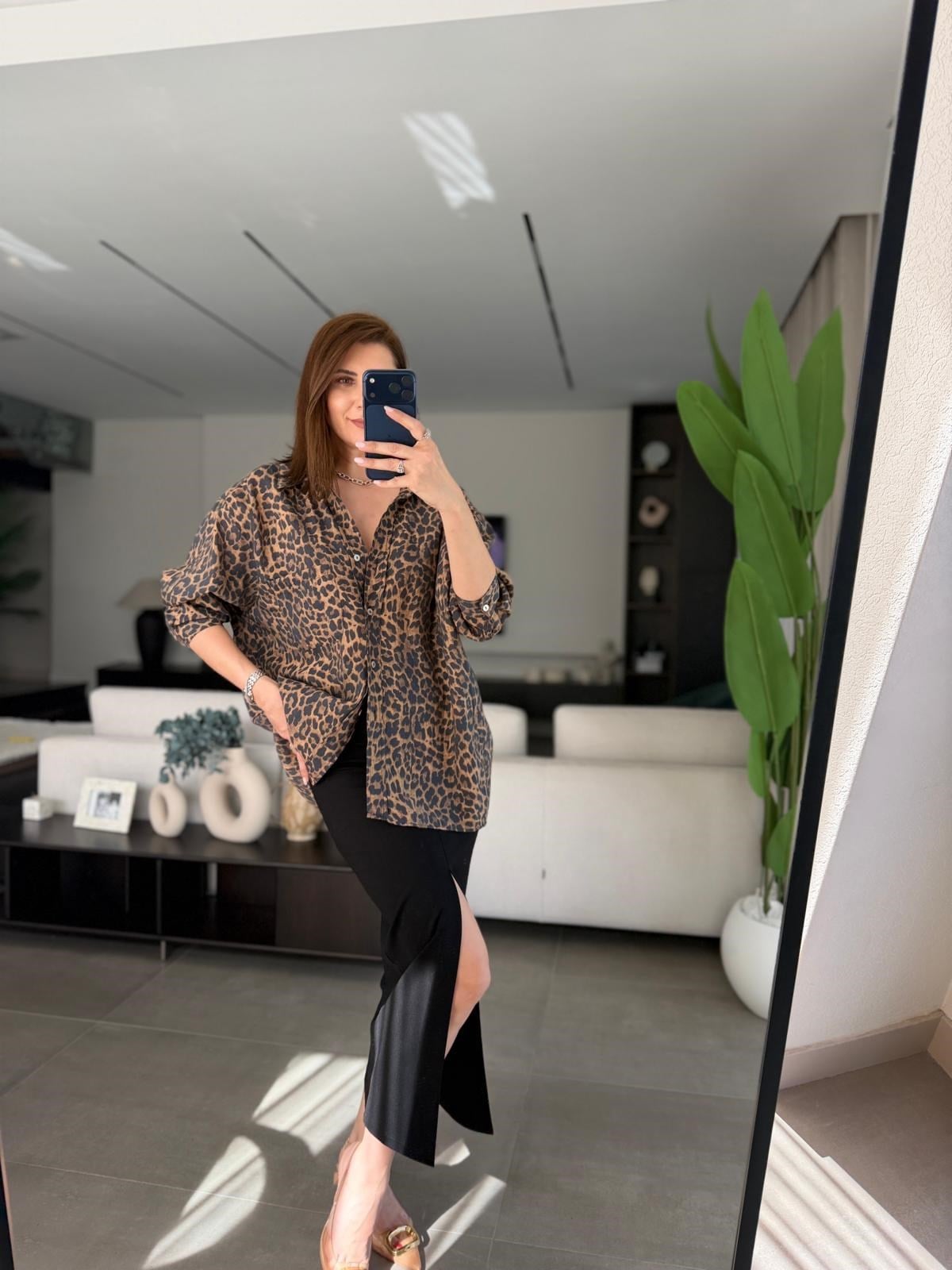 Oversize Cep Detaylı Leopar Gömlek