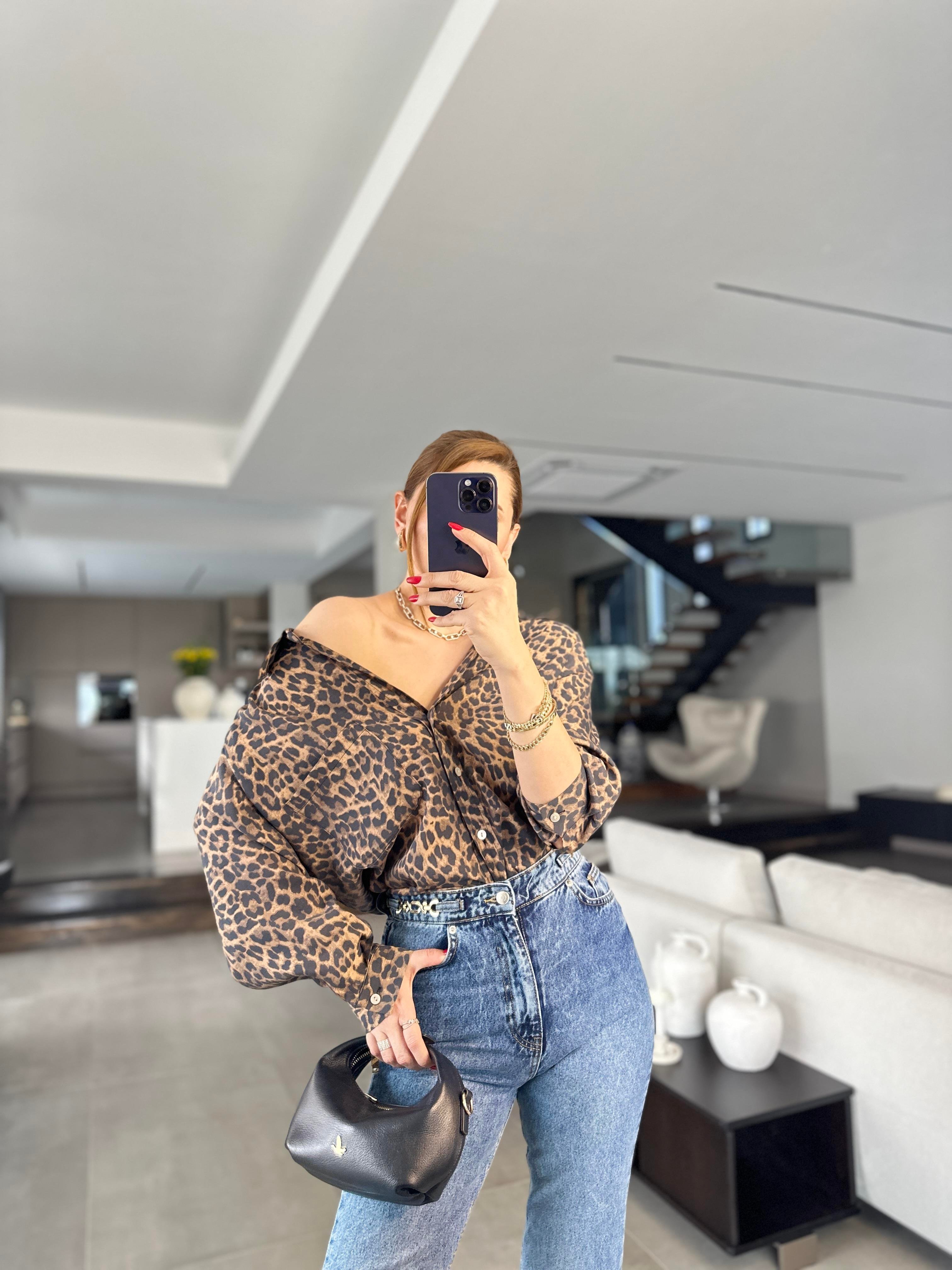 Oversize Leopar Desenli Gömlek