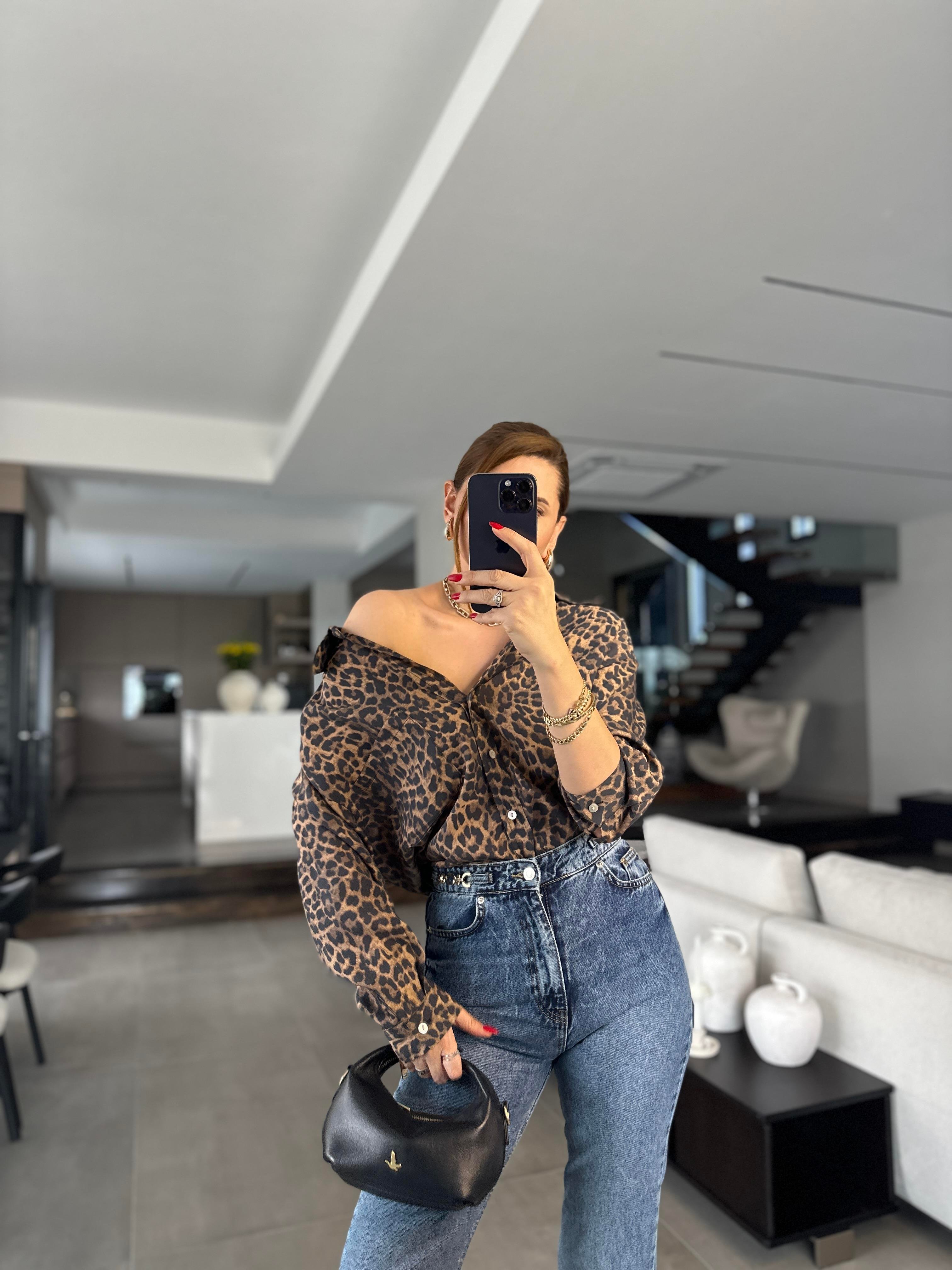 Oversize Leopar Desenli Gömlek