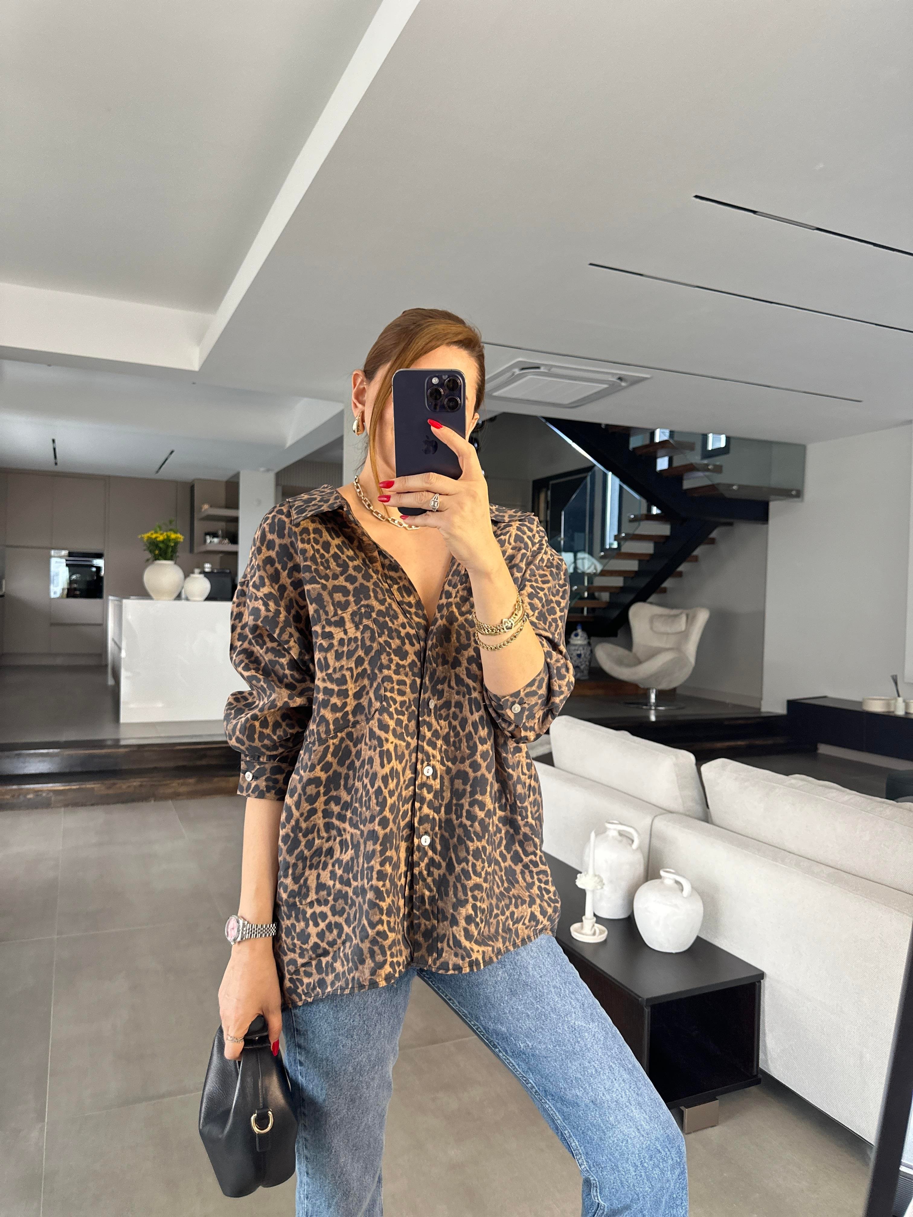Oversize Leopar Desenli Gömlek