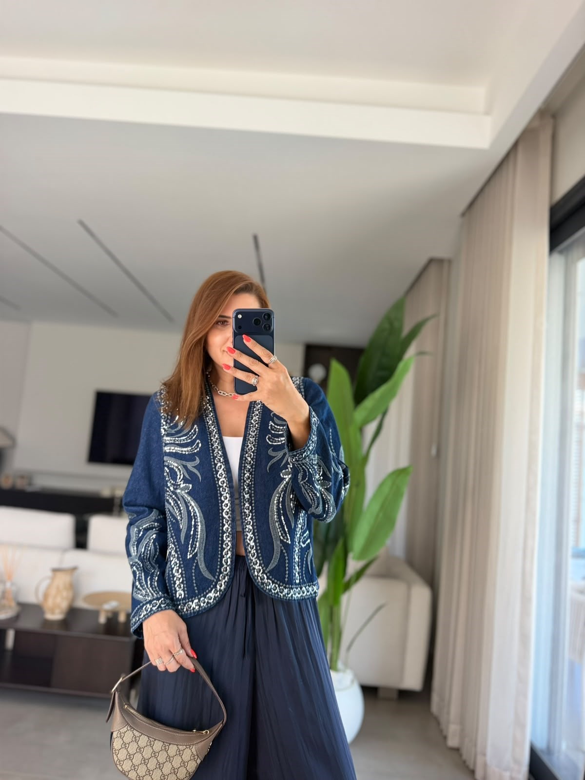 Payet İşlemeli Desenli Denim Ceket
