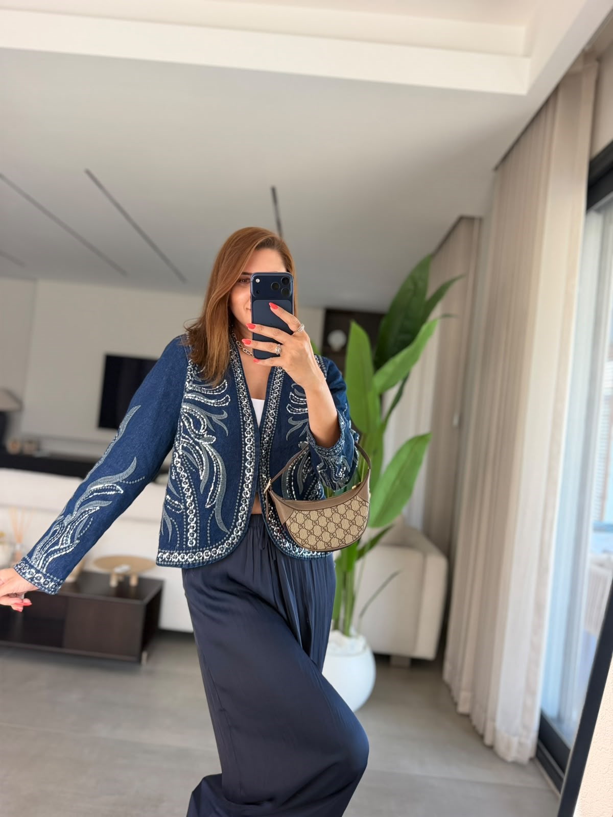 Payet İşlemeli Desenli Denim Ceket
