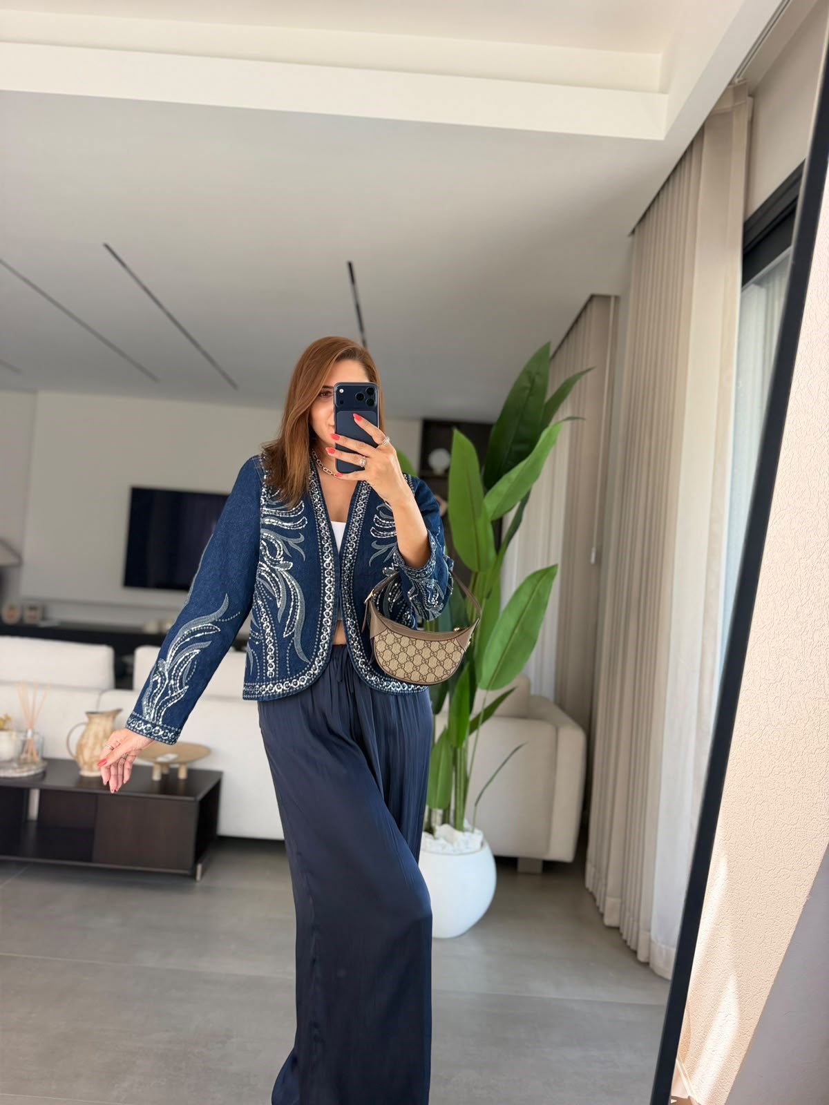 Payet İşlemeli Desenli Denim Ceket