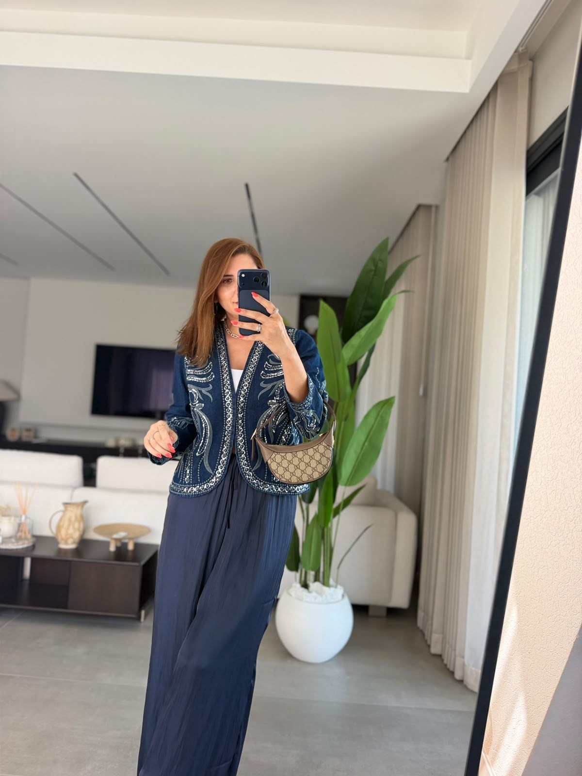 Payet İşlemeli Desenli Denim Ceket