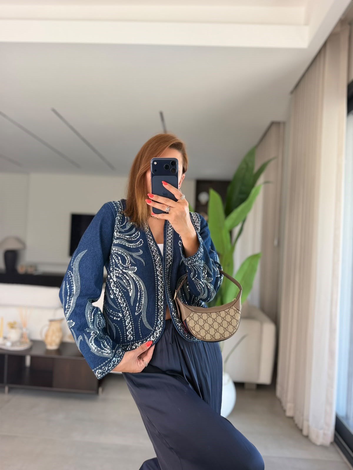 Payet İşlemeli Desenli Denim Ceket