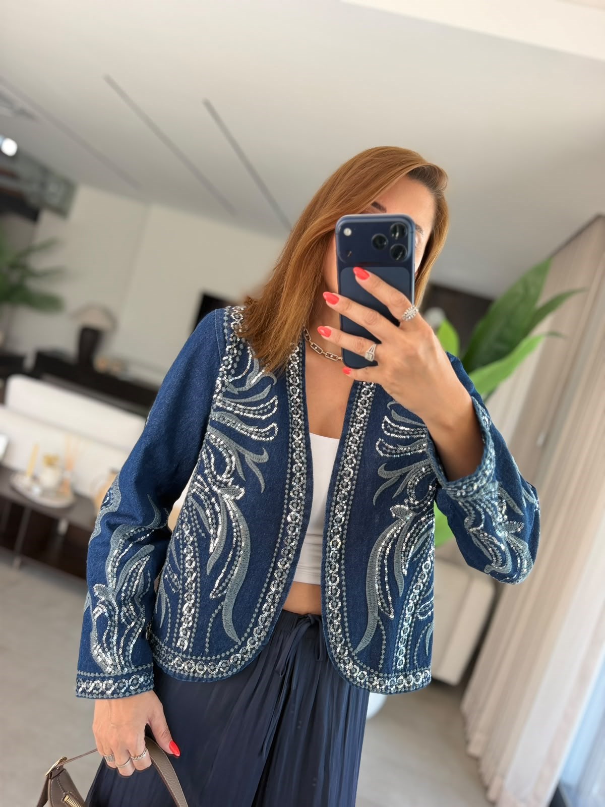 Payet İşlemeli Desenli Denim Ceket