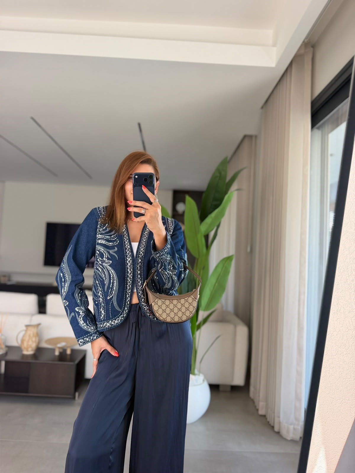 Payet İşlemeli Desenli Denim Ceket