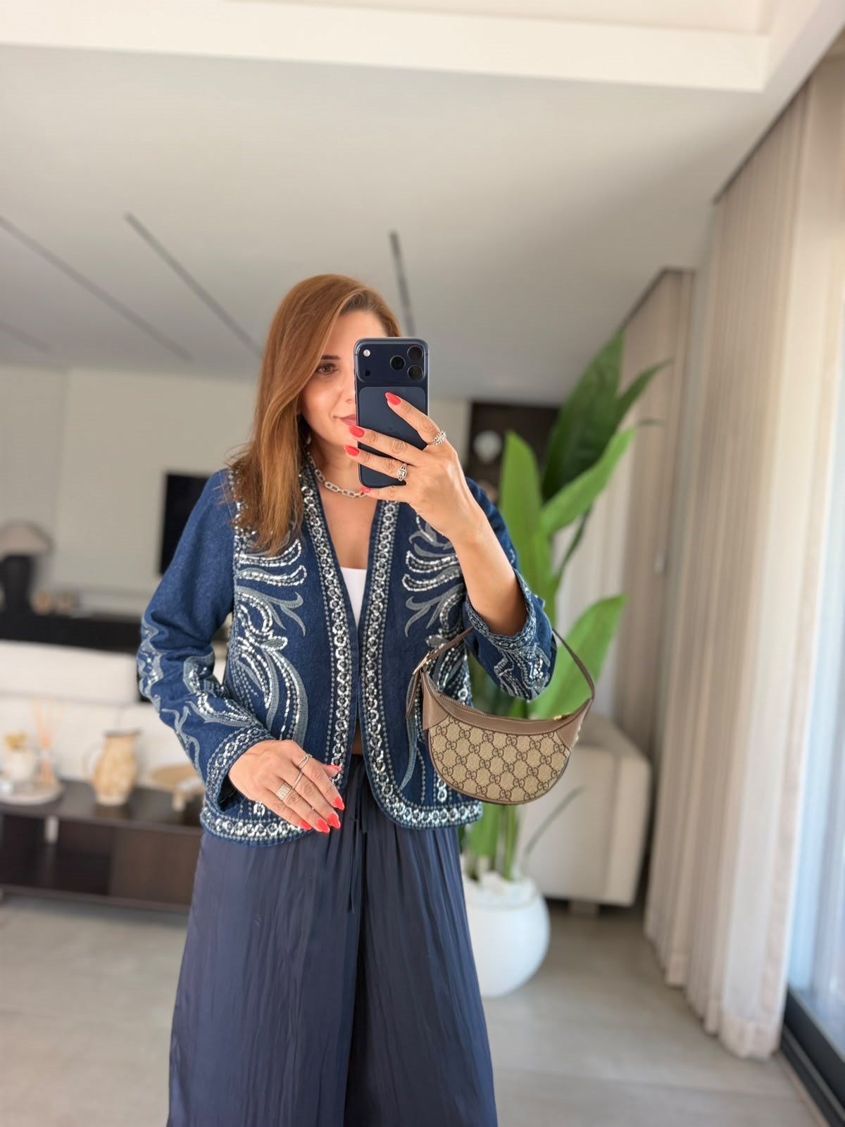 Payet İşlemeli Desenli Denim Ceket