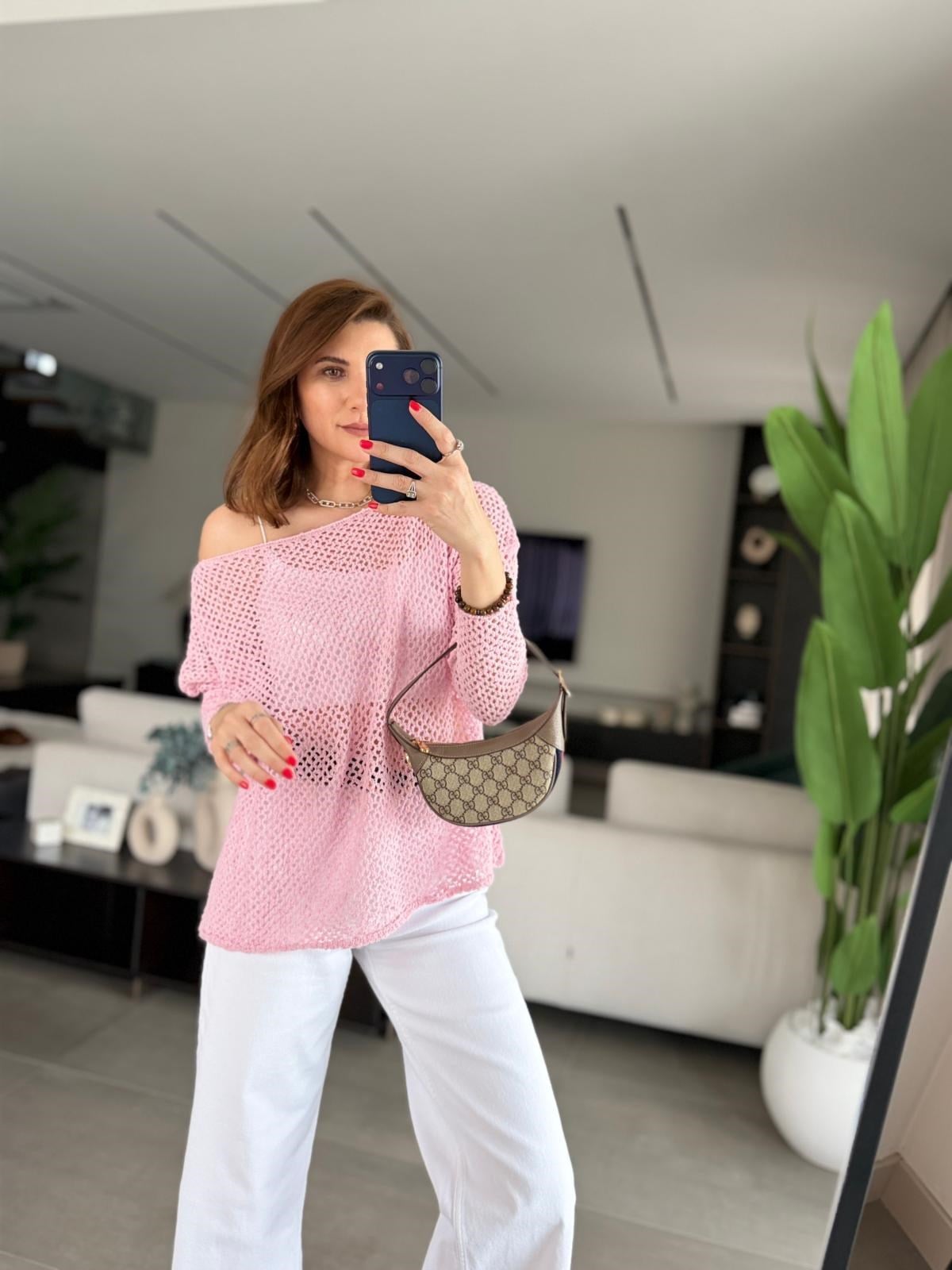 Pembe Ajurlu Parla Bluz