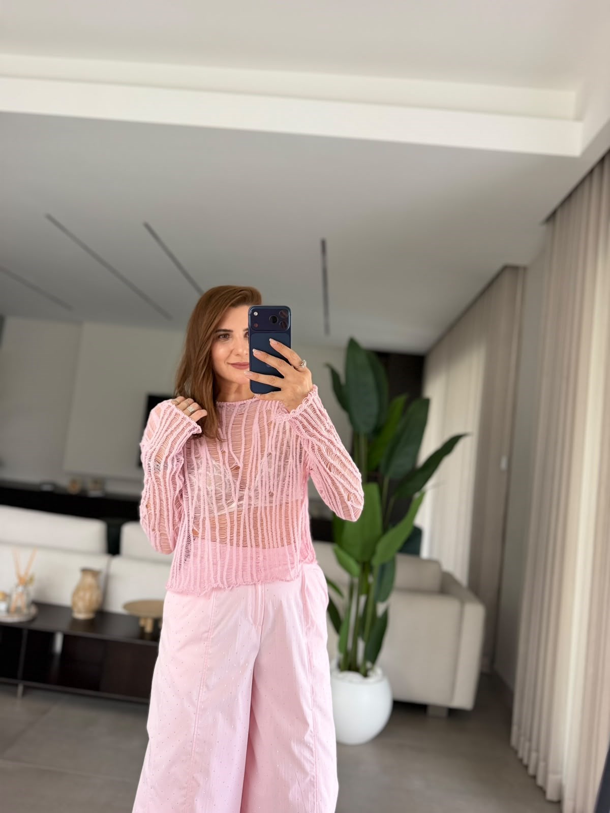 Pembe Ajurlu Triko Bluz