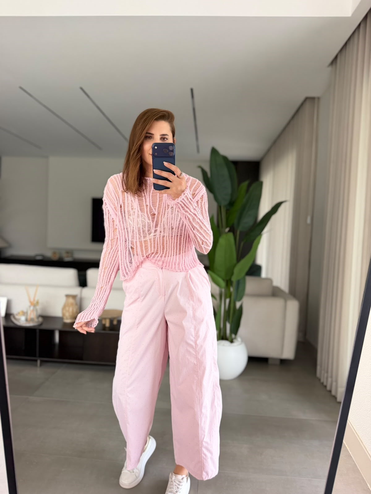 Pembe Ajurlu Triko Bluz
