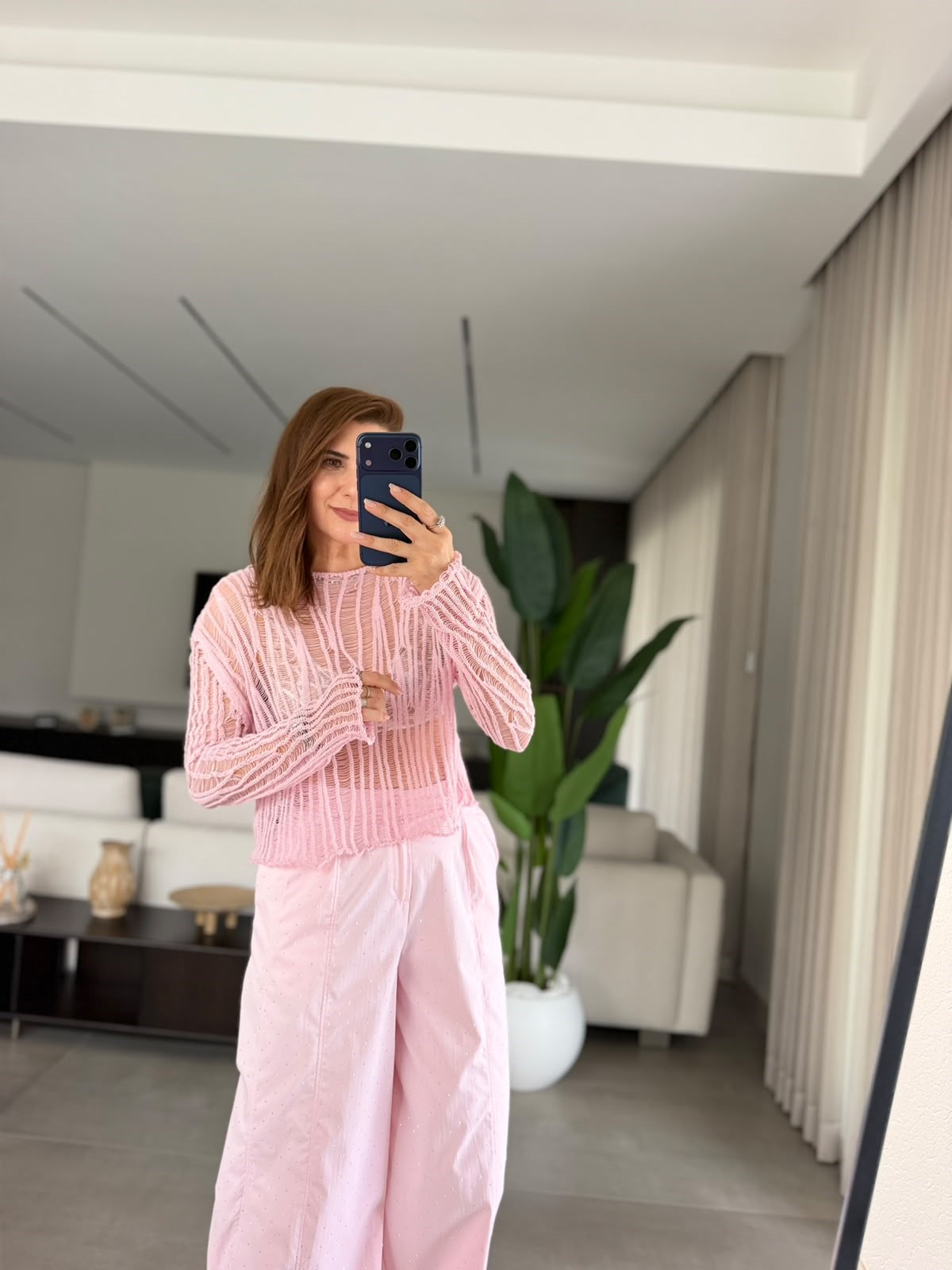 Pembe Ajurlu Triko Bluz