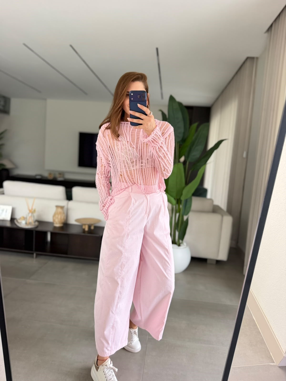 Pembe Ajurlu Triko Bluz